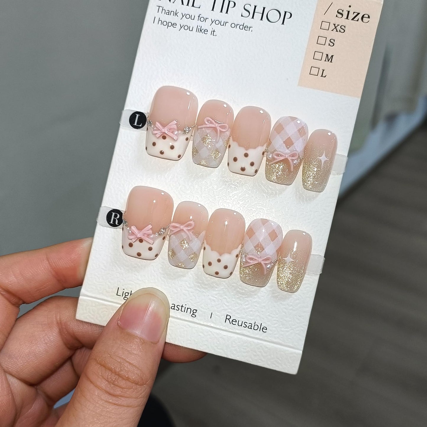 TENPAL 10Pcs Y2K Short Medium Coffin Press On Nails With Tools Kit,Light Pink Cat Eye French Fake Nails with Dot Bow Plaid Pattern,K-Beauty Acrylic Glue on Nails for Wedding Party Daily Wear(S)