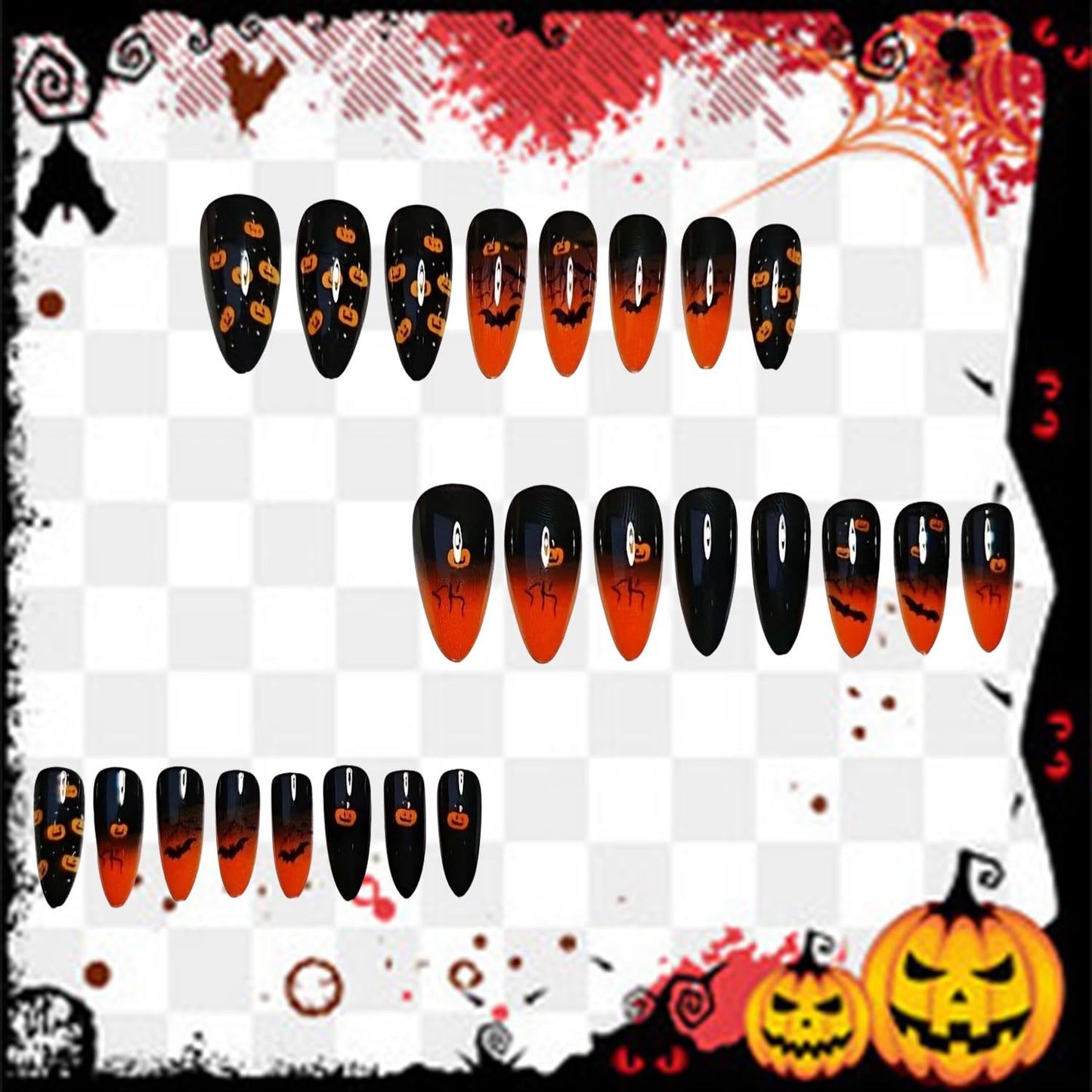 Halloween Bat Press on Nails Long Almond Pumpkin Ghost Pattern Halloween Nail Full Cover Glossy Artificial Acrylic False Nail French Tip Orange Gradient Glue on Nails for Women Festival Decoration