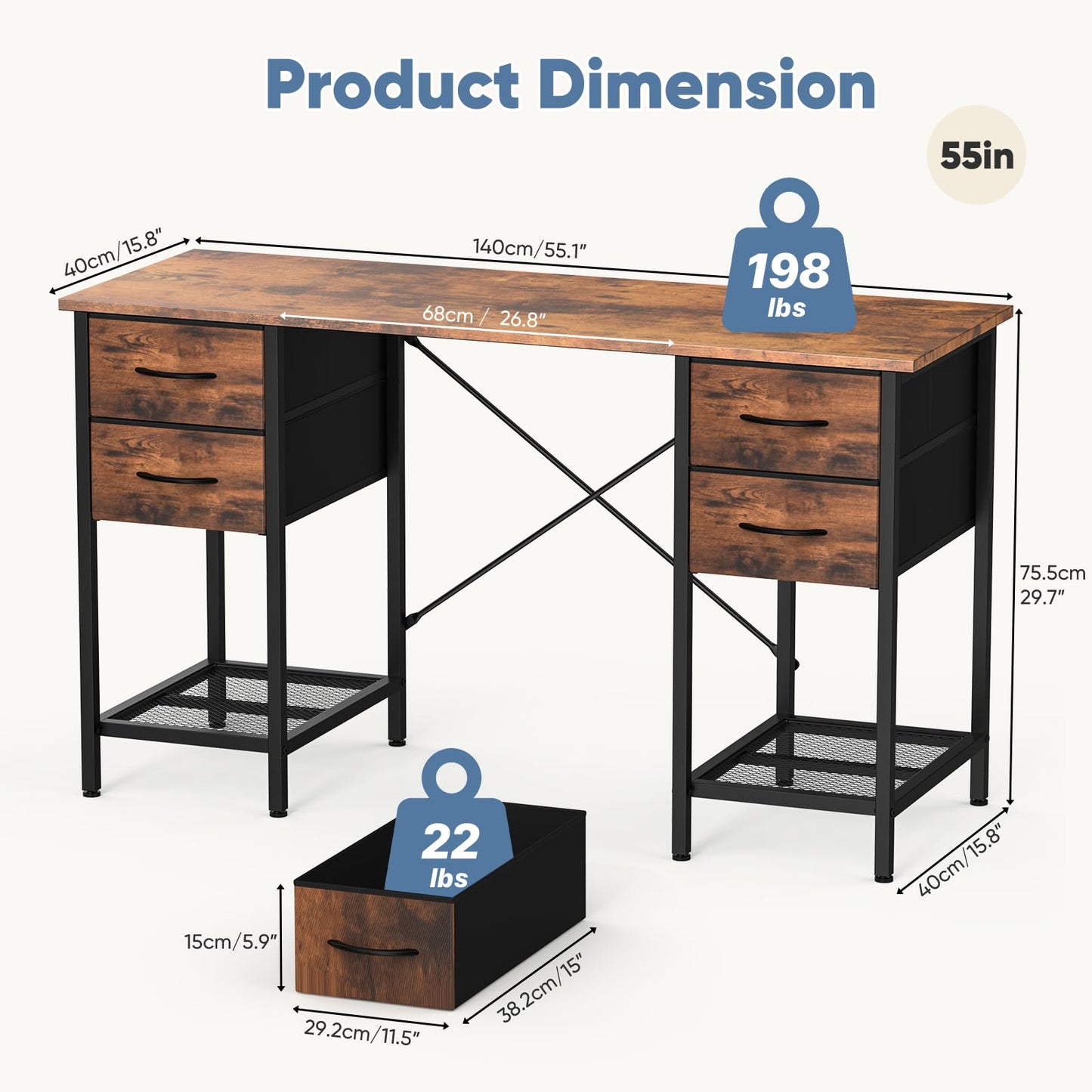 Sweetcrispy Computer Desk with Drawers, 55 Inch Home Office Bedroom Table with 4 Fabric Drawers & 2 Mesh Storage Shelves, Wood Table with X-Shaped Structure for Writing Study PC Desk, Brown