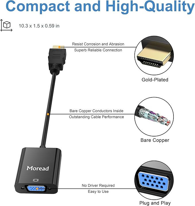 Moread HDMI to VGA, Uni-Directional Gold-Plated HDMI to VGA Adapter (Male to Female) for Computer, Desktop, Laptop, PC, Monitor, Projector, HDTV, Chromebook, Raspberry Pi, Xbox and More - Black