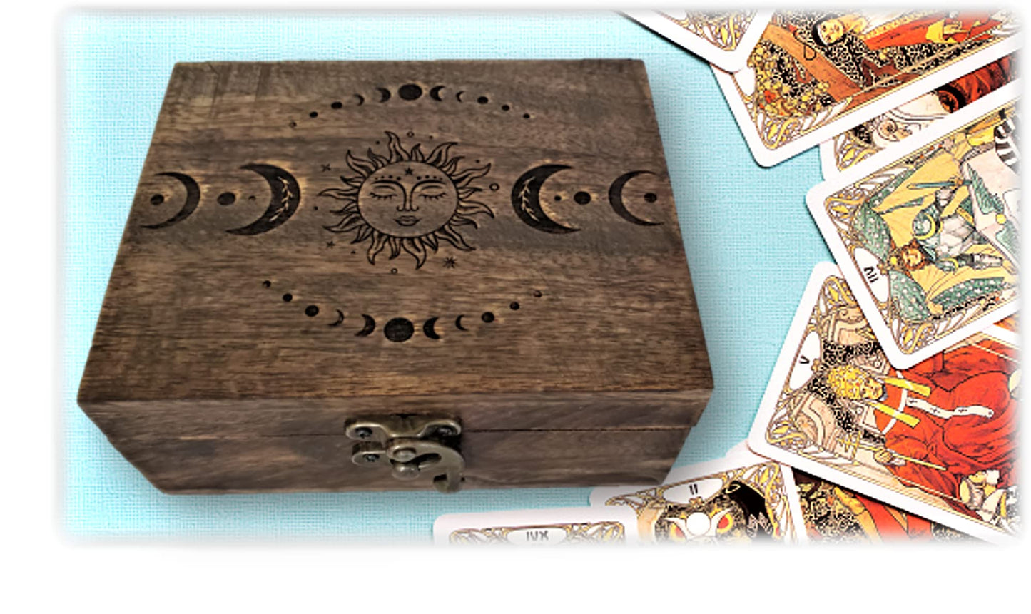 Engraved Wooden Tarot Box for Cards Crystal Holder | Sun and Moon Fortune Telling Astrology Trinket Keepsake Box. Fengshui Luck Talisman Decorative Gift Case/Holder