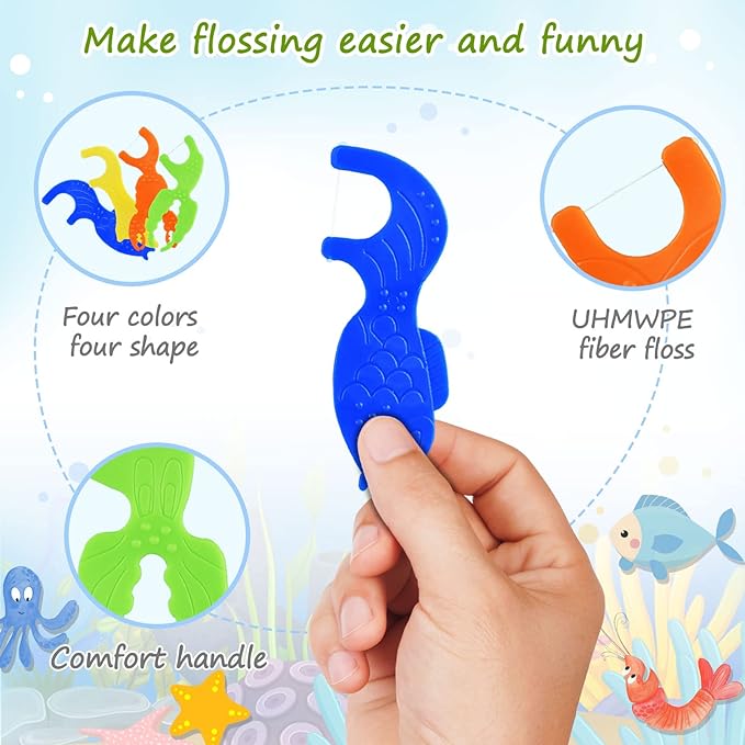 Kids Flossers, Kids Dental Floss Picks Without Fluoride, Unflavored, 4 Colors Ocean Animals Shaped Makes Flossing Fun, 50 Count (Pack of 3)