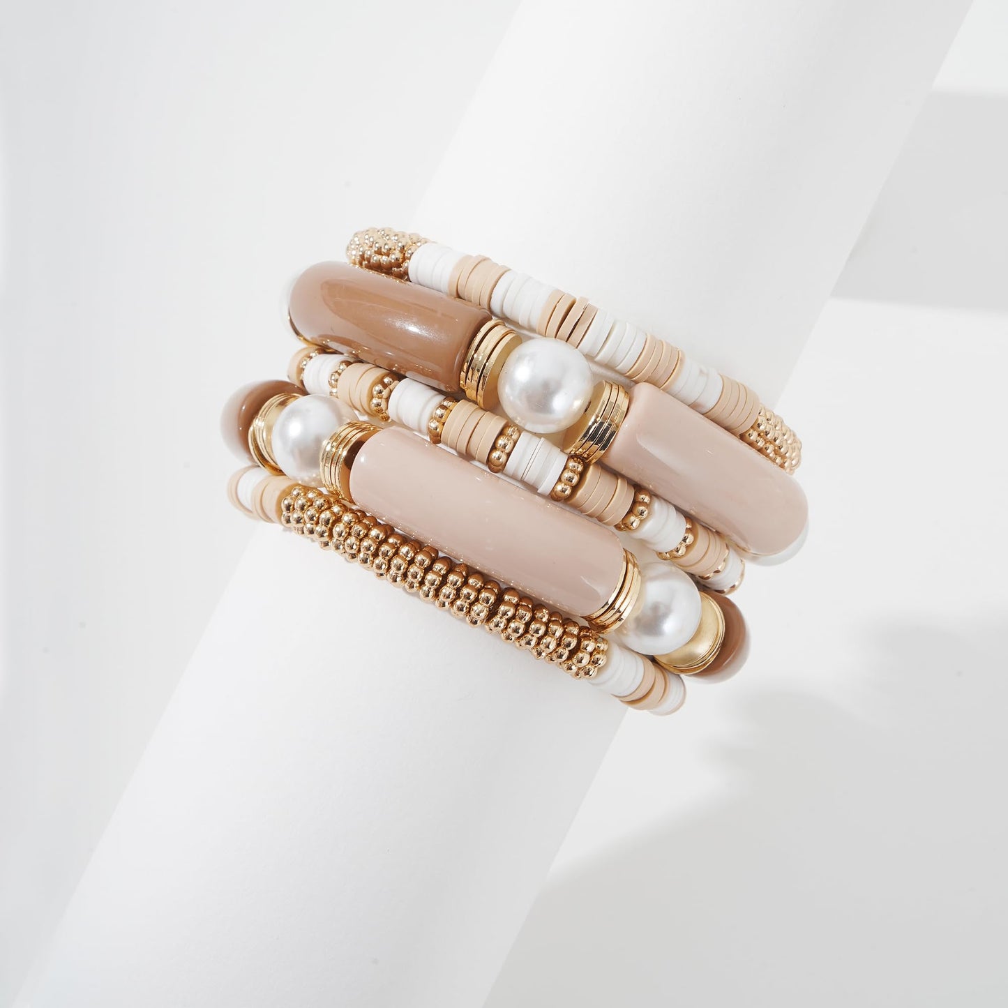 GOOJIDS Simple Beaded Gold Plated Bangles Bracelet Chunky Bamboo Tube Curved Stacking Clear Acrylic Colorful Beads Stretchable Gold Plated Bracelets Set For Women
