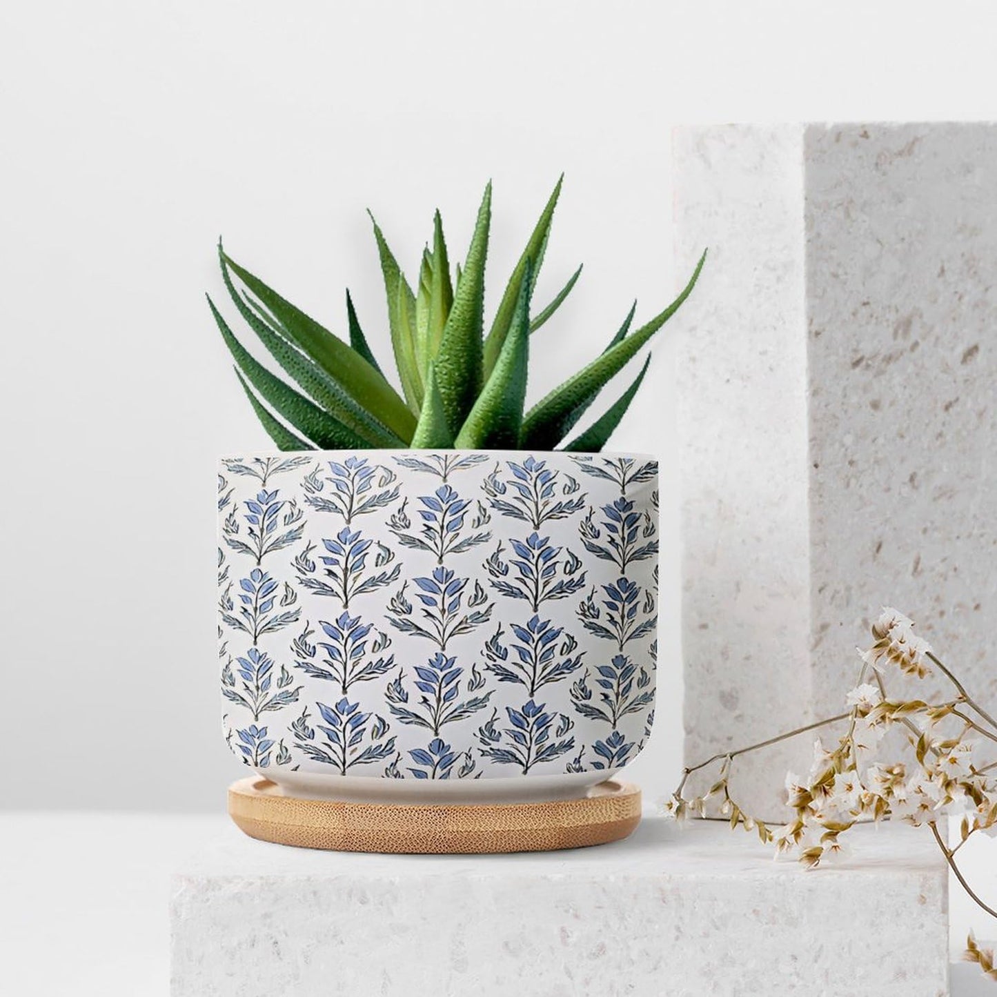 BRUYU5SE Mughal Flower Ceramic Planters Blue Floral Snake Plant Live Indoor with Pot with Drainage Holes and Saucers Pot for Indoor Outdoor Garden