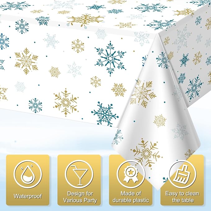 1Pcs Snowflake Plastic Tablecloth Christmas Snowflake Disposable Table Cloth White Blue and Gold Winter Wonderland Table Cover for Winter Holiday Christmas Birthday Party Decorations,54x108 Inch