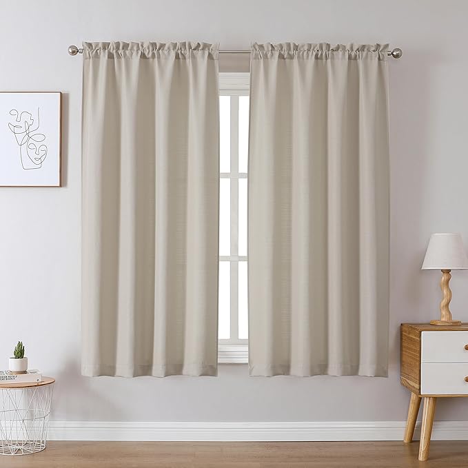 Chyhomenyc Curtains 63 Inch Length 2 Panels, Faux Linen Textured Semi Sheer Light Filtering Soft Airy Rod Pocket Window Treatment Drapes for Living Room Bedroom, Each 40 Wx63 L, Moon Beige