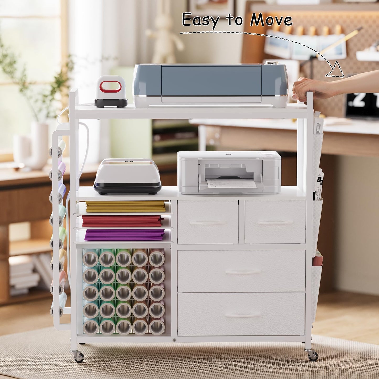 VENNQD Large Craft Organizer and Storage Rolling Cart Compatible with Cricut Machine with Fabric Drawers Vinyl Roll Holder Accessories for Home Craft Workstation Room (White)