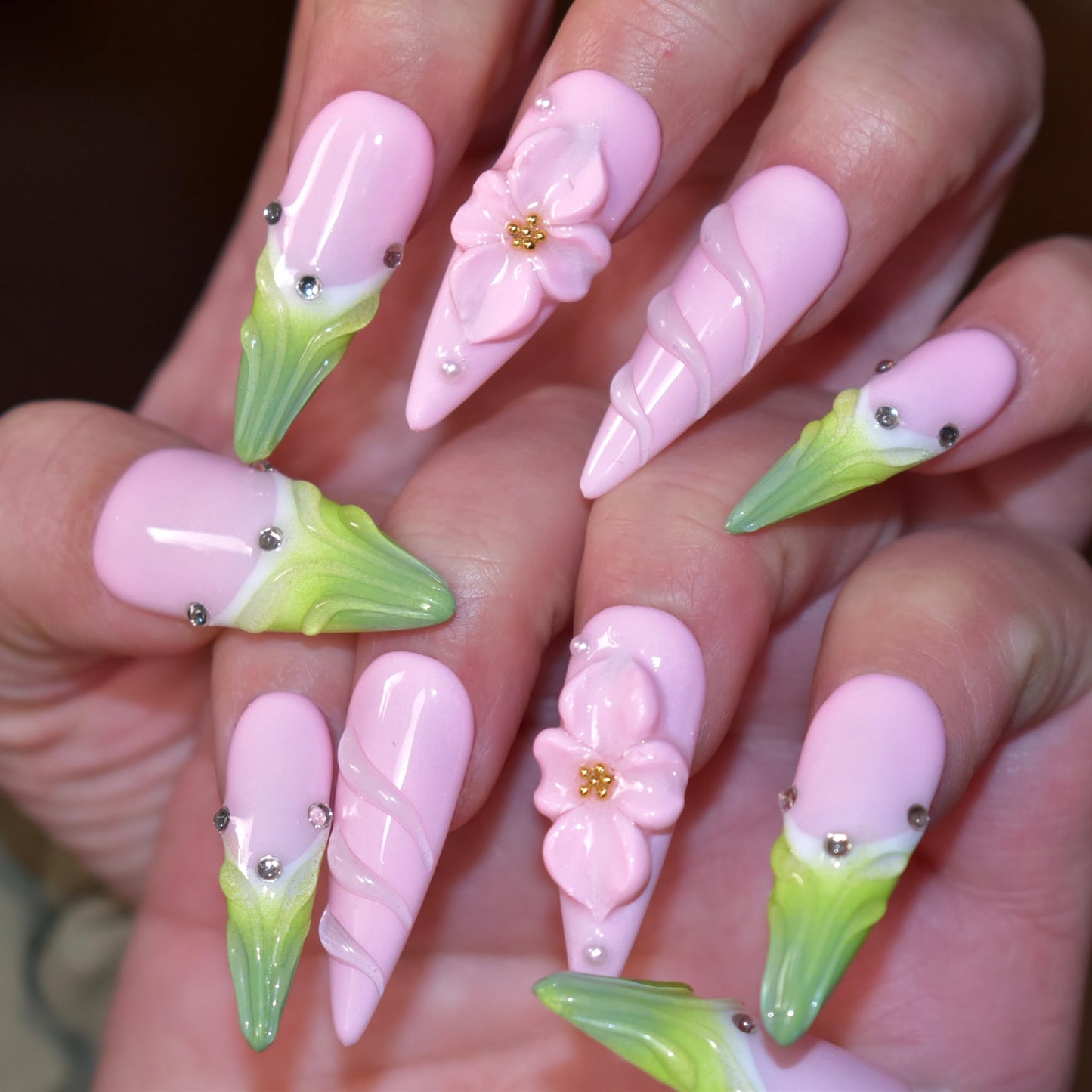LIFOOST Nails Handmade Press On Long Stiletto Almond Artistic Petal Pink Green Fashion Artificial False Nail Tips 10 Pcs Set