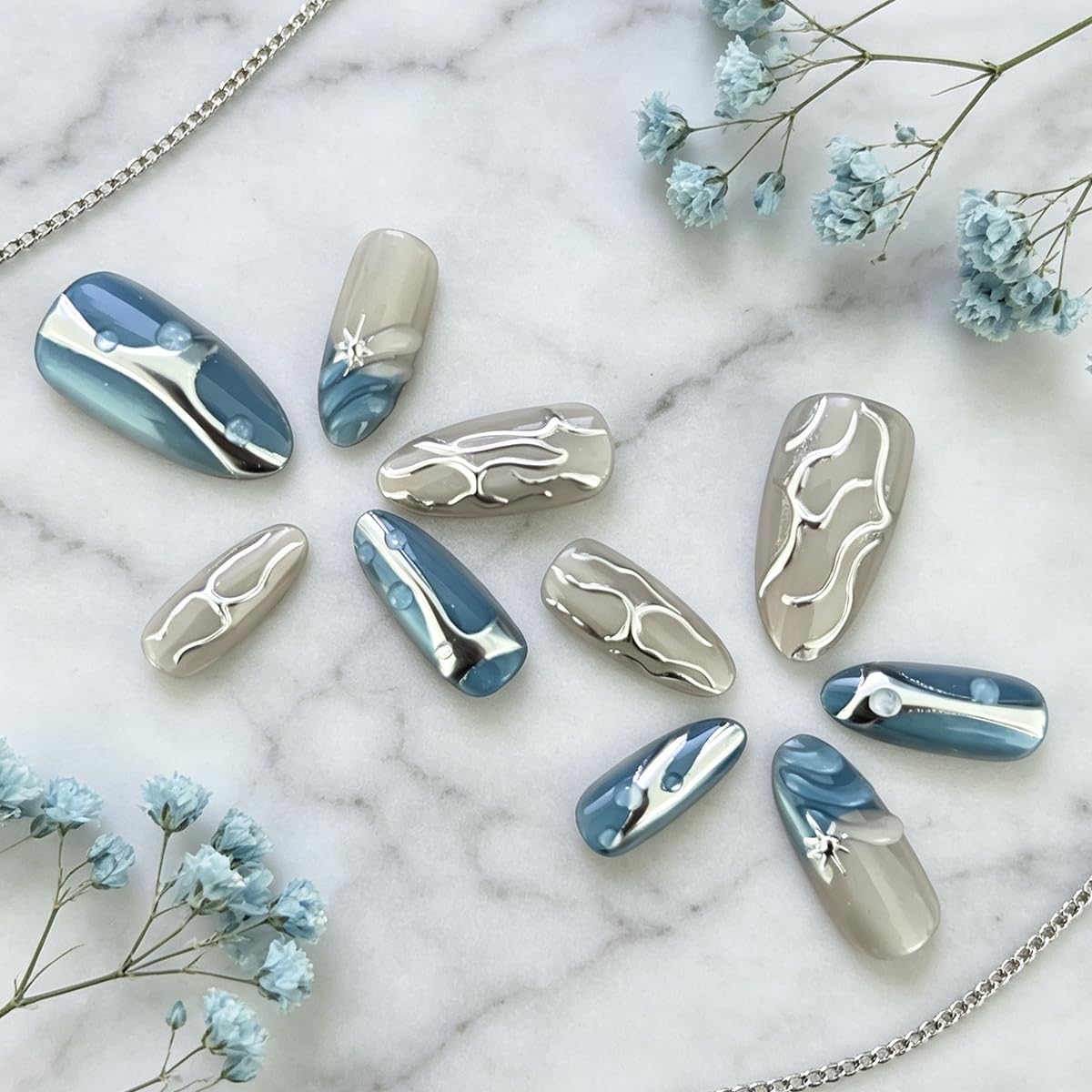 3D Press On Nails Almond Medium Fake Nails with Cat's Eye Glossy Relief Lines High-end Designs, Acrylic Artificial Nail Press ons False Stick On Nails for Women Girls 30Pcs