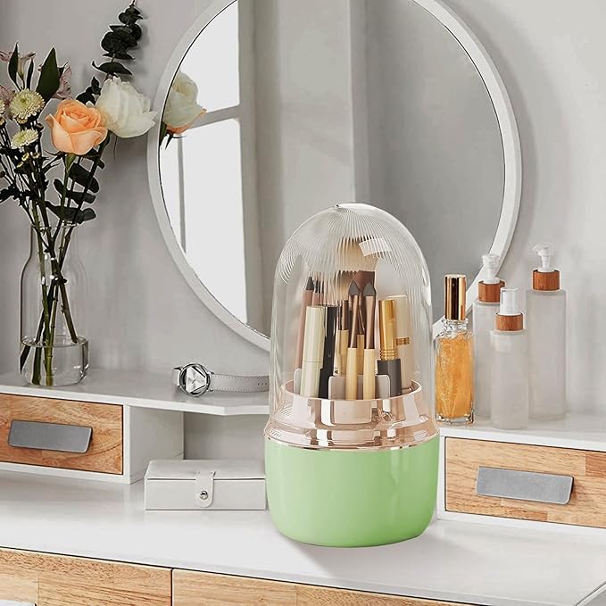 360° Rotating Toothbrush Holder with Cover, 7-Slot Bathroom Organizer for Electric Toothbrush, Toothpaste, Razors, Draining Water, Countertop Vanity Storage