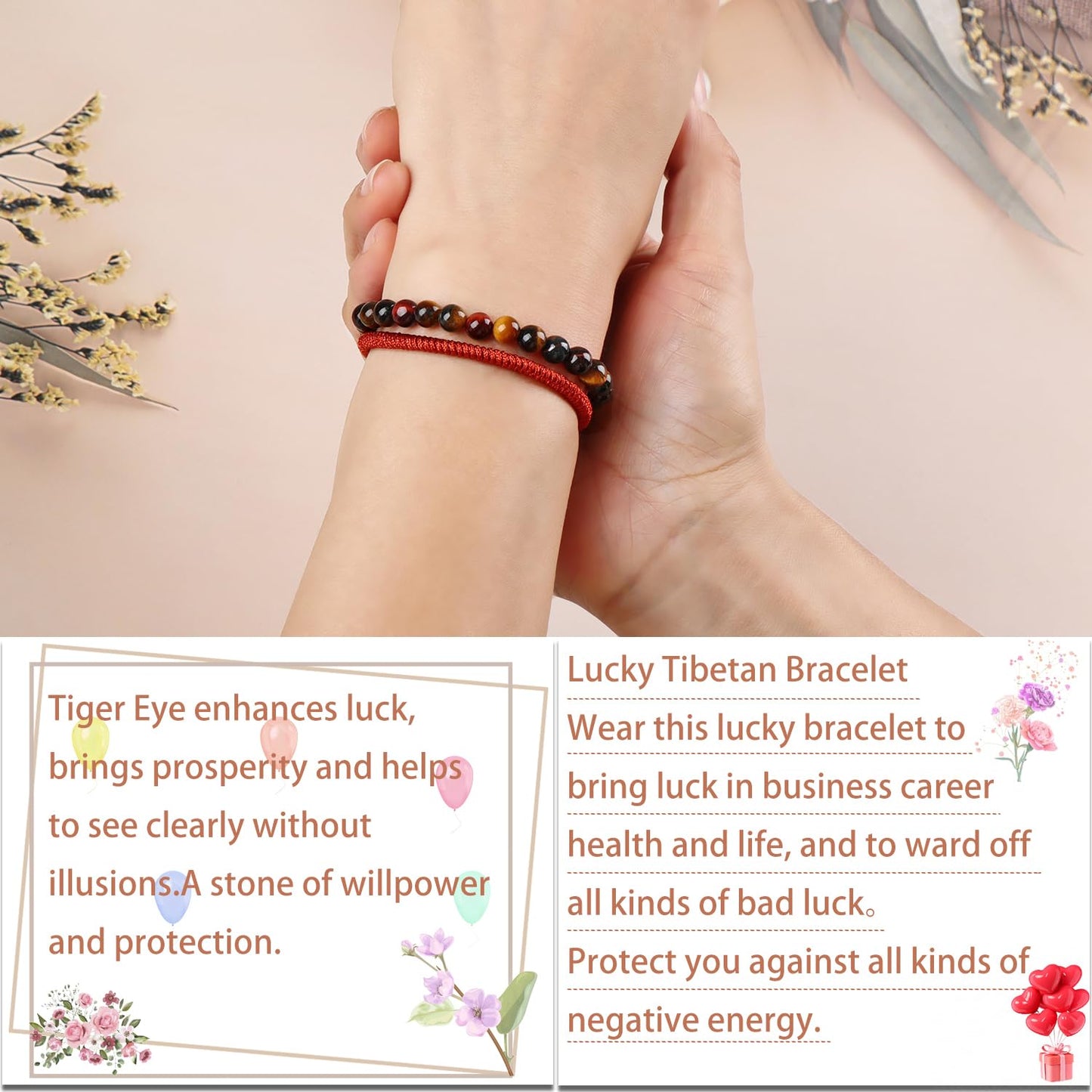 LPBeads 6mm Multicolor Tiger's Eye Bracelet with Handmade Rope Bracelet Size Adjustable Natural Stone Crystal Healing Bracelets Gifts for Unisex Adults
