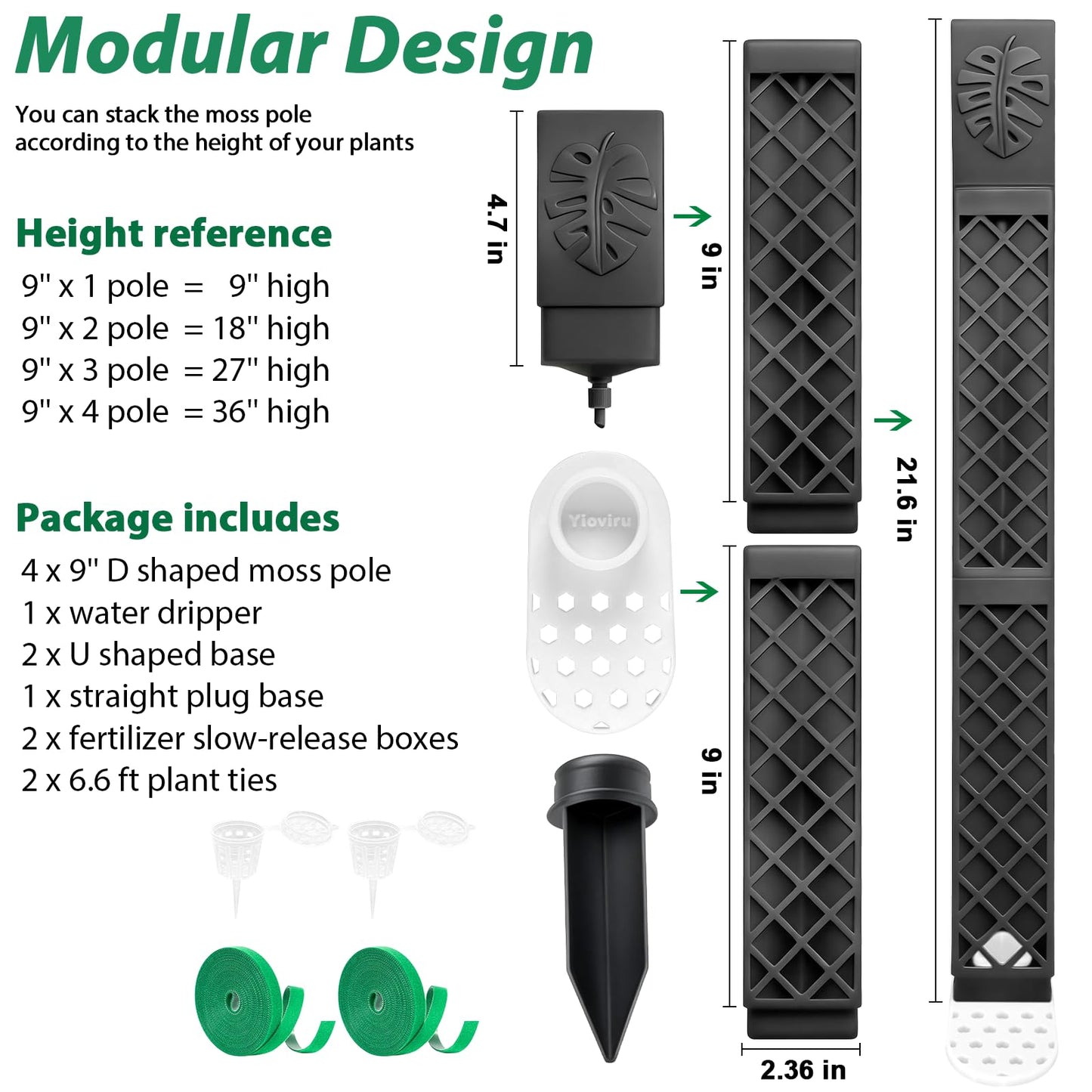 4 Psc 9'' D Shaped Moss Pole with Water dripper,Easy-to-Assemble Moss Pole Monstera Plant Support,Anti-tip Sturdy Moss Poles for Climbing Plants (Black)