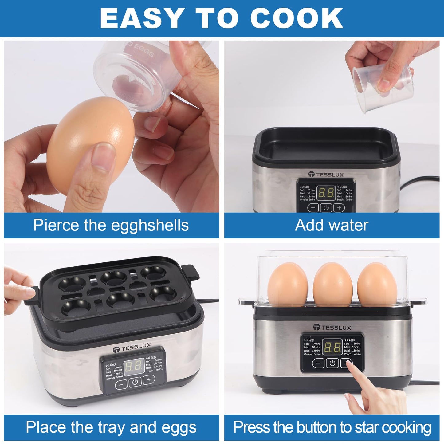 Tesslux Electric Rapid Egg Cooker, 6 Egg Capacity for Hard Boiled Eggs, Poached Eggs, Scrambled Eggs, or Omelets Maker with Auto Shut Off (Sliver)