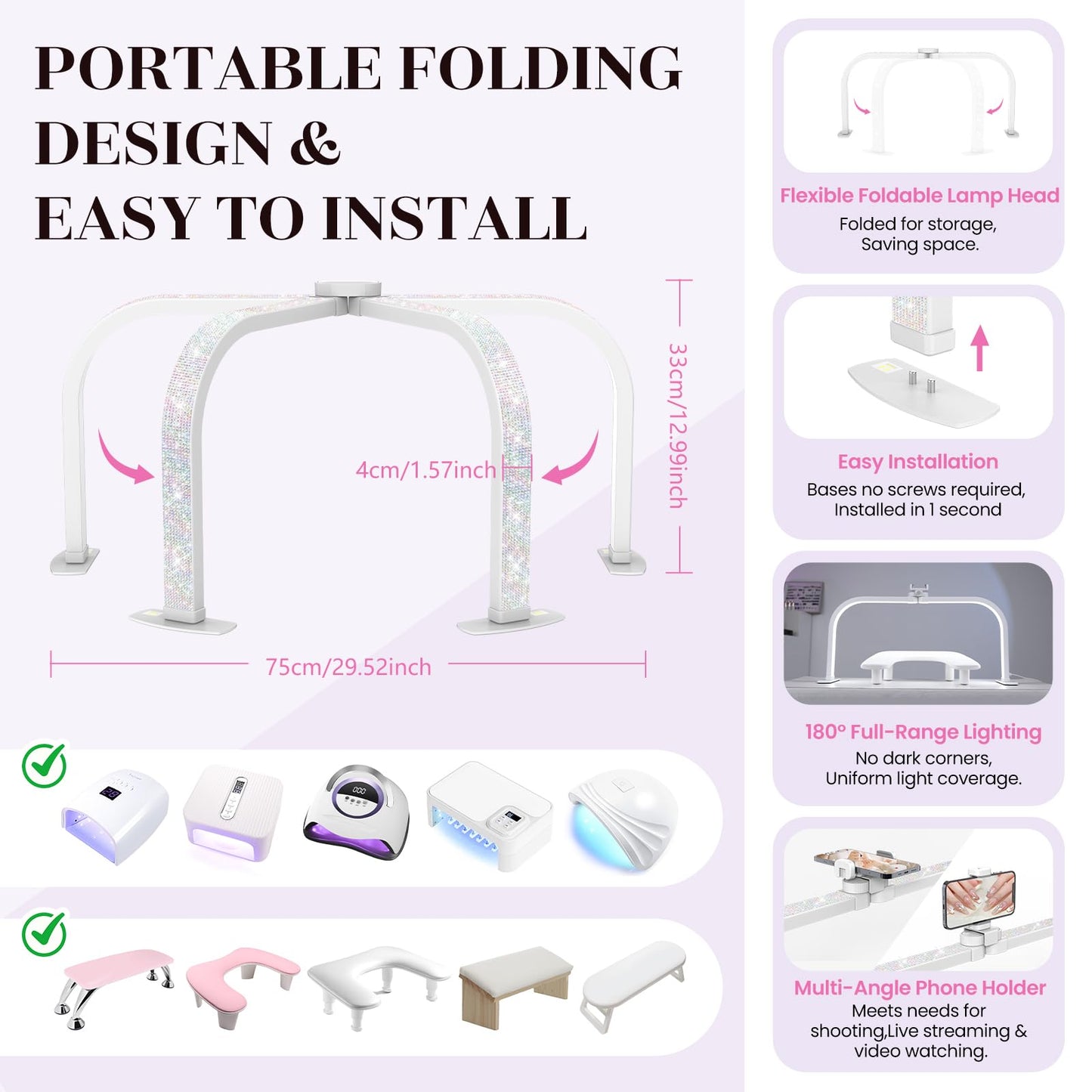 LIONVISON Nail Light for Desk: 29" Foldable Half Moon Light for Nail Tech with Phone Holder - 3 Color Modes & 10 Brightness - 40W Arch LED Nail Desk Lamp for Manicure Salon (with Diamond)