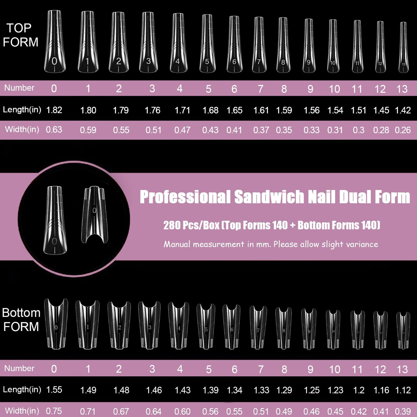 Vnjaoi 280 Pcs Original Sandwich Nails Dual Form with Guide Lines Long Coffin Nail Mold for Builder Gel Nail Extensions Art Design Salon DIY at Home