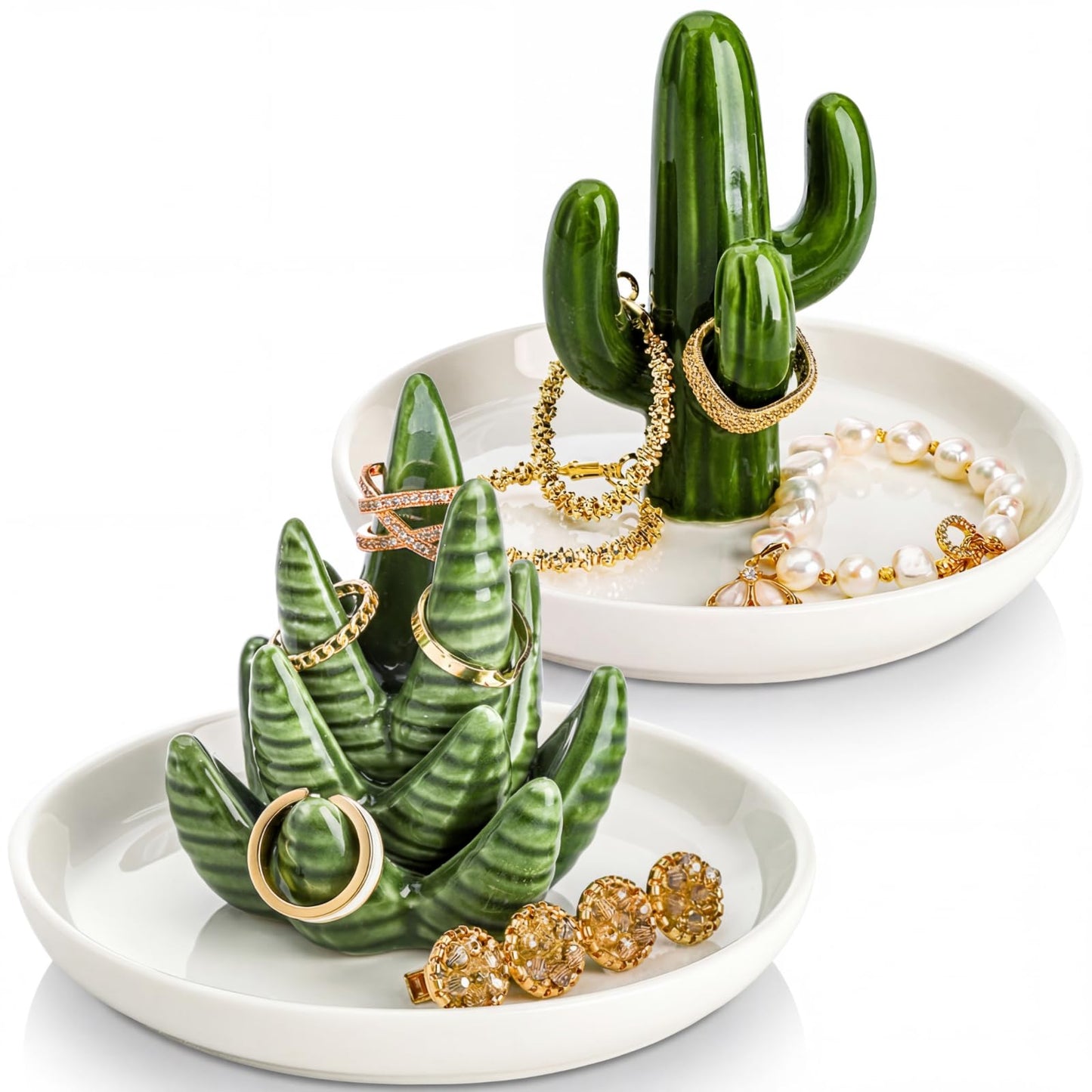 Elsjoy Set of 2 Ceramic Ring Holder Dish, Decorative Round Jewelry Display Trays, Aloe & Cactus Small Trinket Plate for Home, Gift, Mother's Day