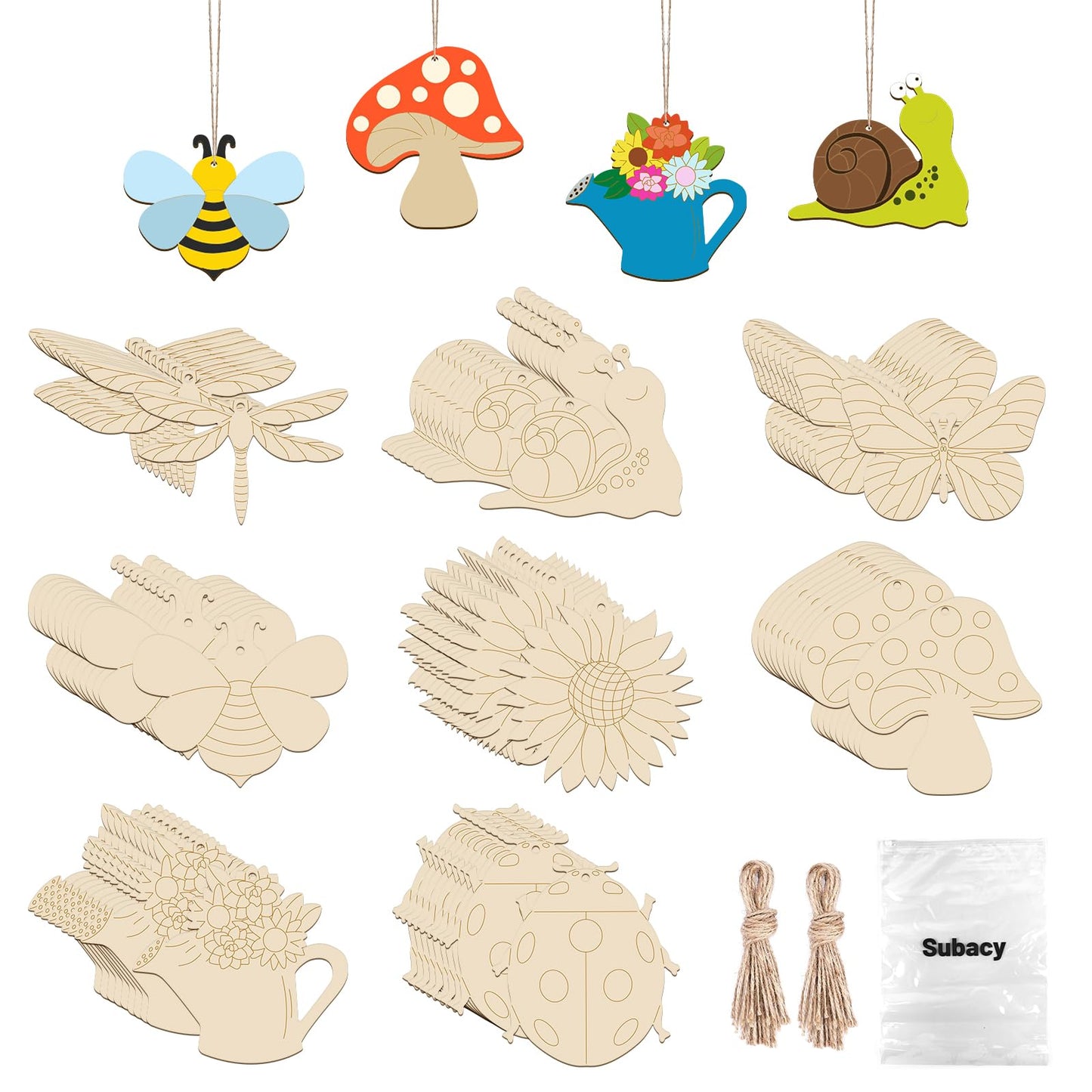 Subacy 80 PCS Unfinished Wood Cutouts 8 Styles DIY Wooden Spring Ornaments, Wooden Art Craft Painting Kit for Kids, Birthday Easter Creativity Arts & Crafts, Spring Themed Shape