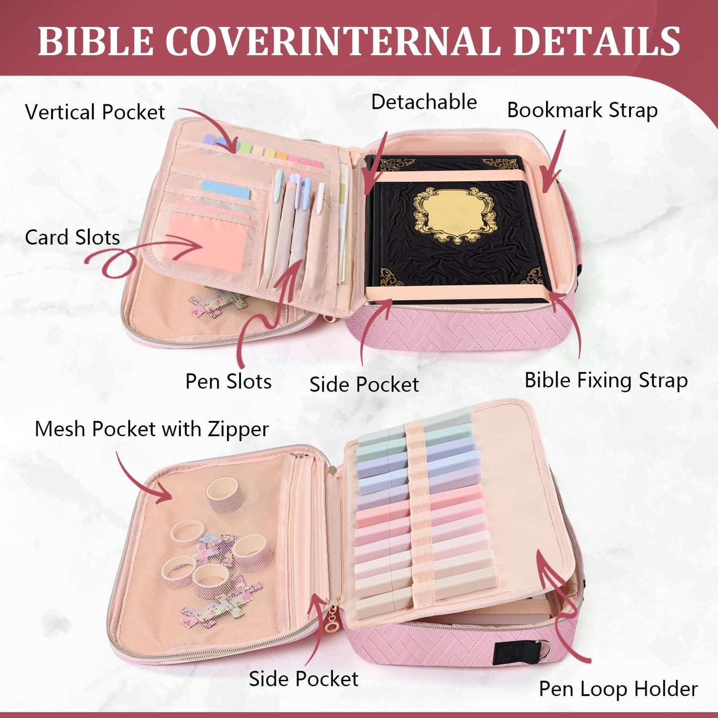 Yozbcfv Bible Cover for Women,Large Bible Bag with Shoulder Strap, Bible Study Supplies Carrier Includes Highlighters Tabs,Journaling Kit Case Packed in Gift Box, Christian Gifts for Women(Pink