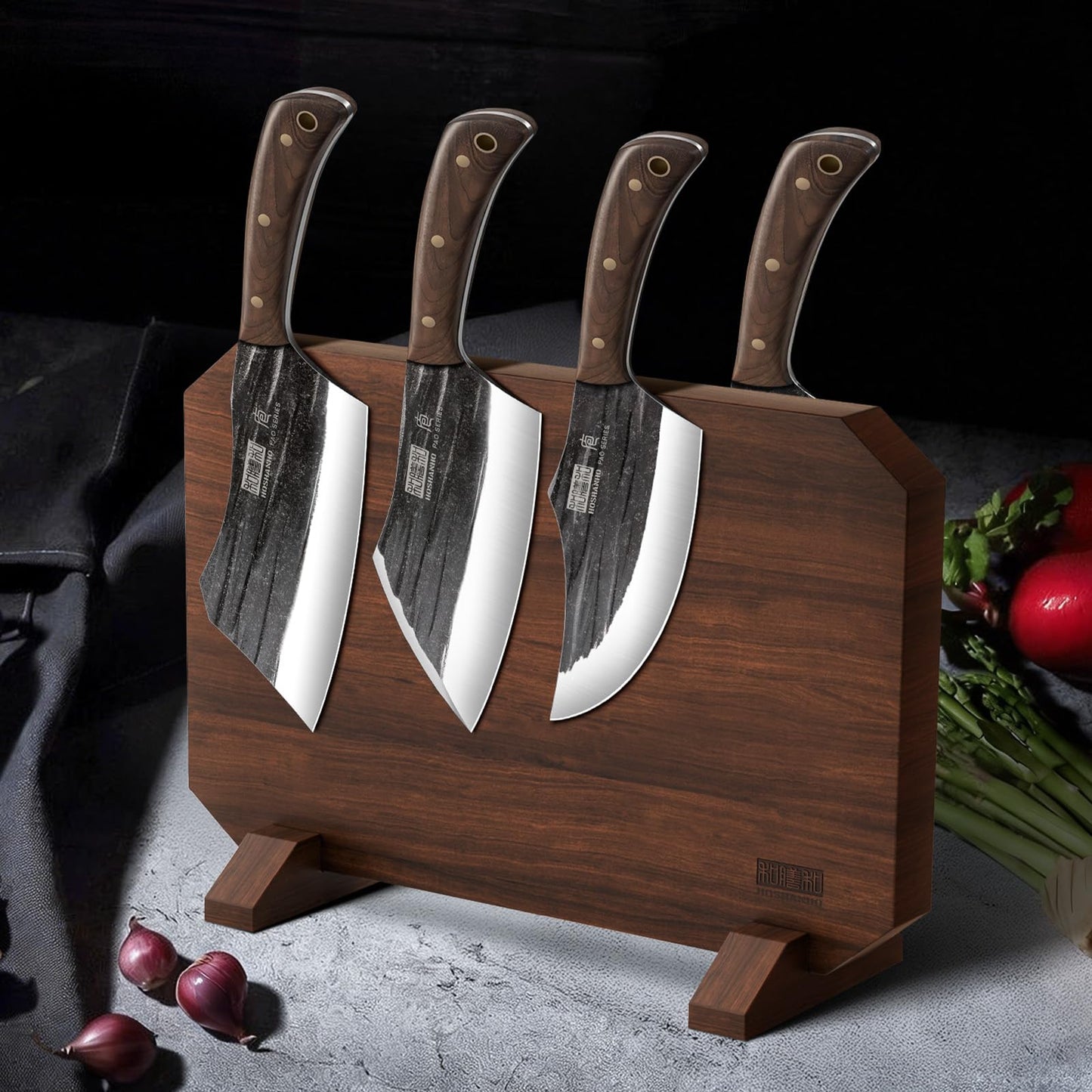 HOSHANHO 8 Pieces Butcher Kitchen Knife Set, Hand Forged High Carbon Stainless Steel Magnetic Knife Block Set, Ultra Sharp Chef Knives Set with Meat Cleaver Knife & Bone Chopper Knives Gift for Men