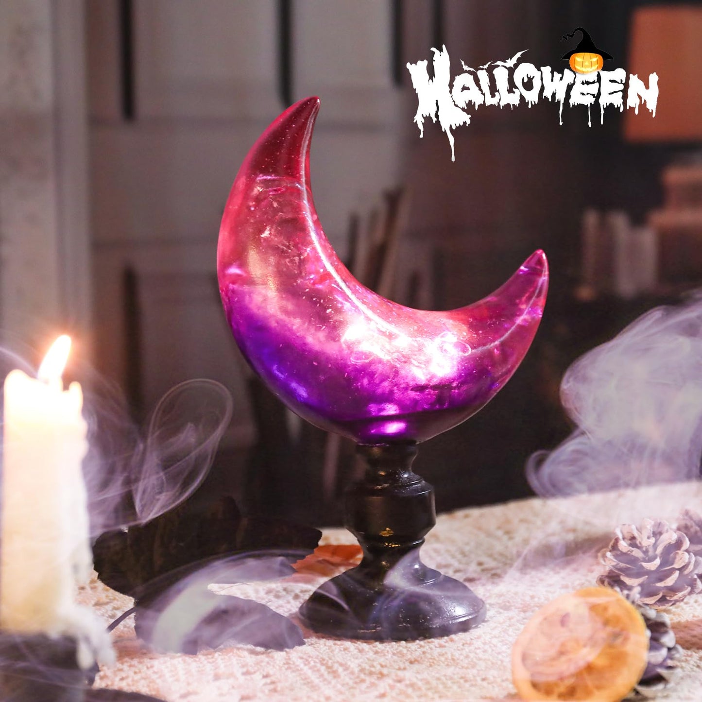 MUMTOP Halloween Indoor Decorations, Purple Moon with LED Light Halloween Magic Moon Figurine Resin Statue for Home Kitchen Room Party Table Decor