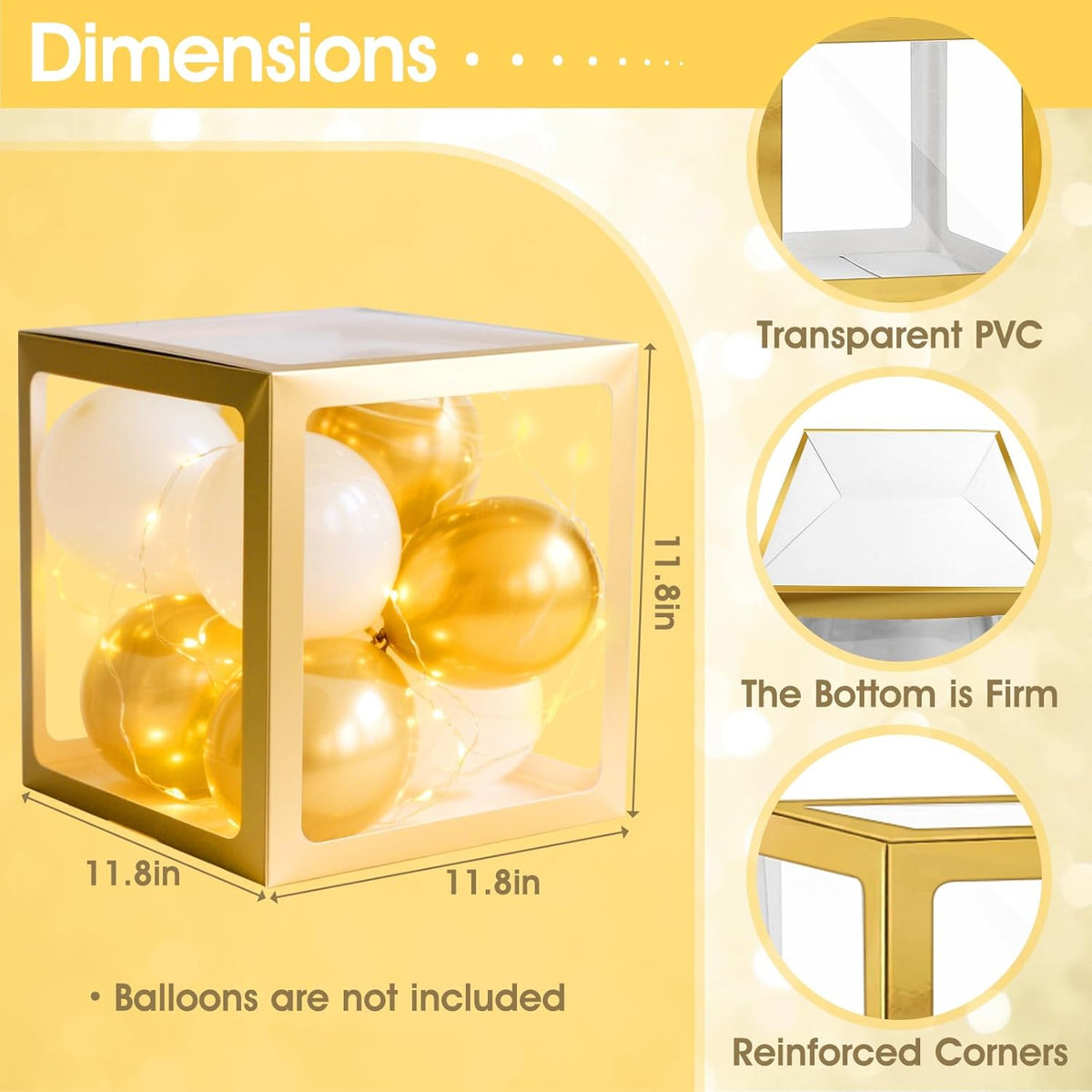 Ledido Transparent Balloon Boxes, Clear Balloon Boxes with 6 Pcs String Lights and 78 Letters for Baby Shower Gender Reveal Birthday Party Anniversary Bridal Wedding Grad Decor - 6 Gold Boxes