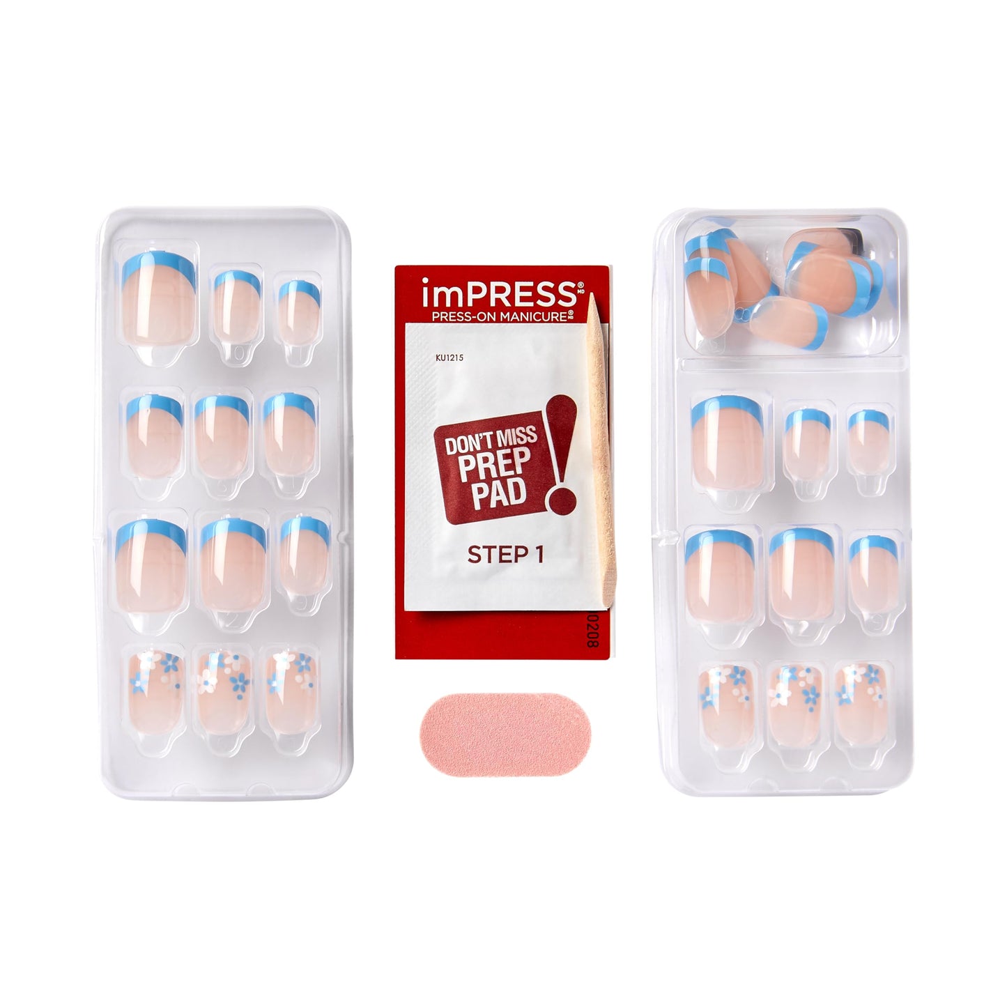 Kiss Impress No Glue Mani Press On Nails, French, 'Snooze', Blue, Short Size, Squoval Shape, Includes 30 Nails, Prep Pad, Instructions Sheet, 1 Manicure Stick, 1 Mini File