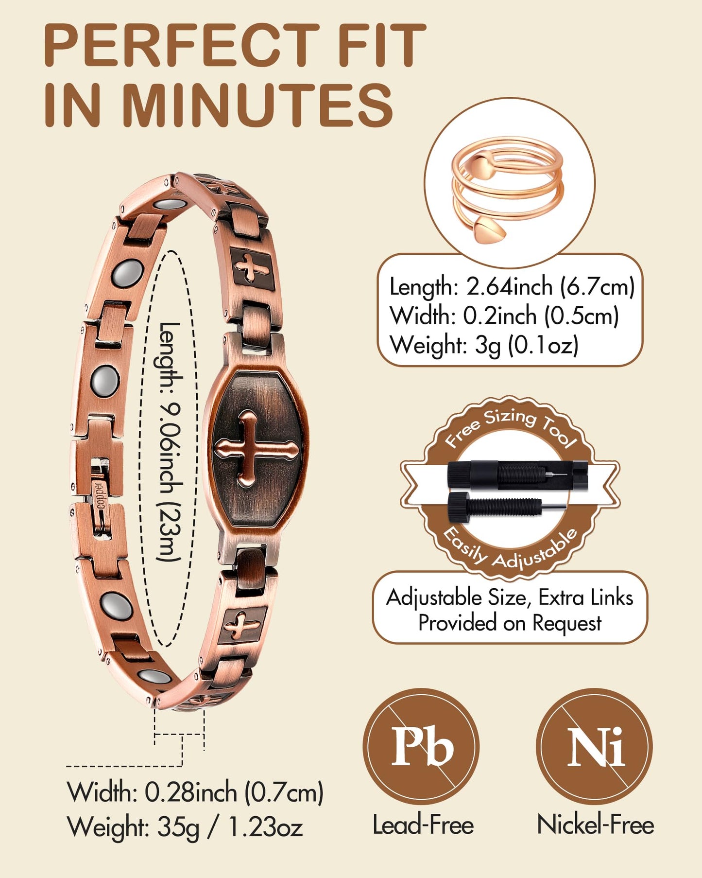 Feraco Copper Bracelet for Women 99.99% Solid Copper Magnetic Bracelets, Unique X Shape Links, Magnetic Field Therapy Jewelry Gifts (Religious Cross with Ring)