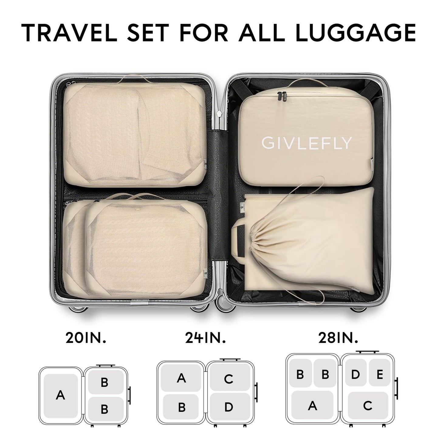 GIVLEFLY 6 Set Compression Packing Cubes for Travel, Lightweight Luggage Organizer Bags, Durable Travel Accessories for Suitcase Organization,Beige