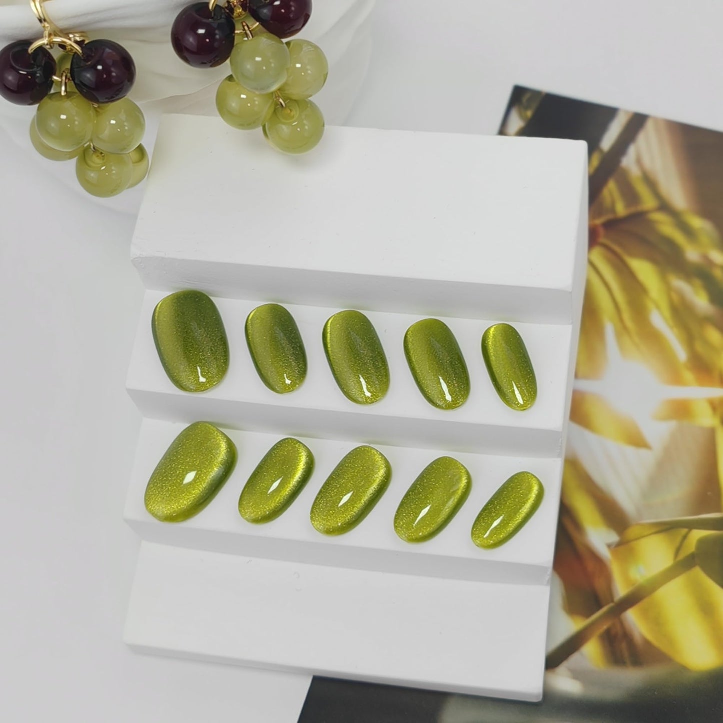 Cat Eye Press on Nails Handmade Short Oval/Square/Round False Nails with French Tip/Aurora/Magnetic Shimmer Designs (Side#Lettuce, Small)