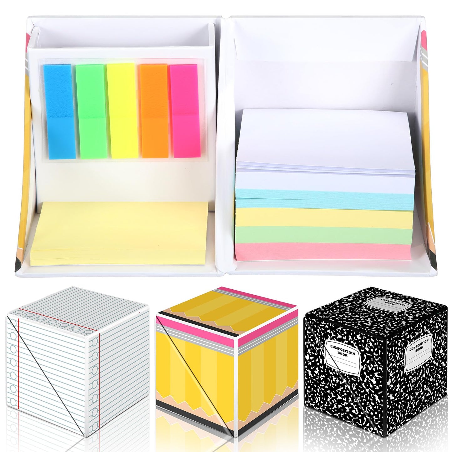 Eaasty 3 Set Teacher Appreciation Gifts Sticky Notes Organizer with Pen Holder 3-in-1 Memo Pad Set Portable Desk Organizer with Pencil Notebook Composition Book Pattern for End of Year Office