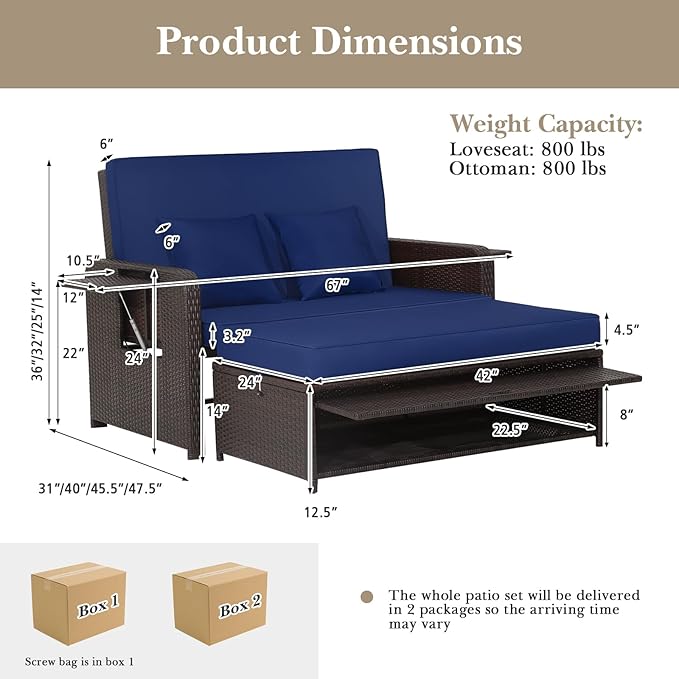 HAPPYGRILL Patio Rattan Wicker Daybed with Loveseat & Storage Ottoman, Outdoor Lounge Sofa Furniture Set with Adjustable Backrest & Side Trays, for Poolside Deck Porch Lawn (Mix Brown & Navy)