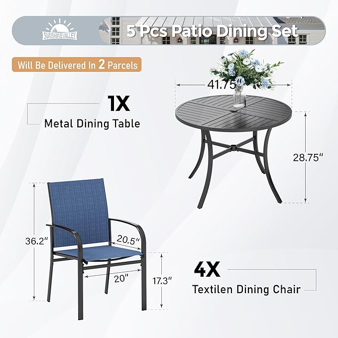 5 Piece Patio Dining Set for 4, 42" x 42" Round Metal Table with Umbrella Hole and 4 Blue Chairs, Outdoor Table and Chairs Set for Lawn Backyard and Deck