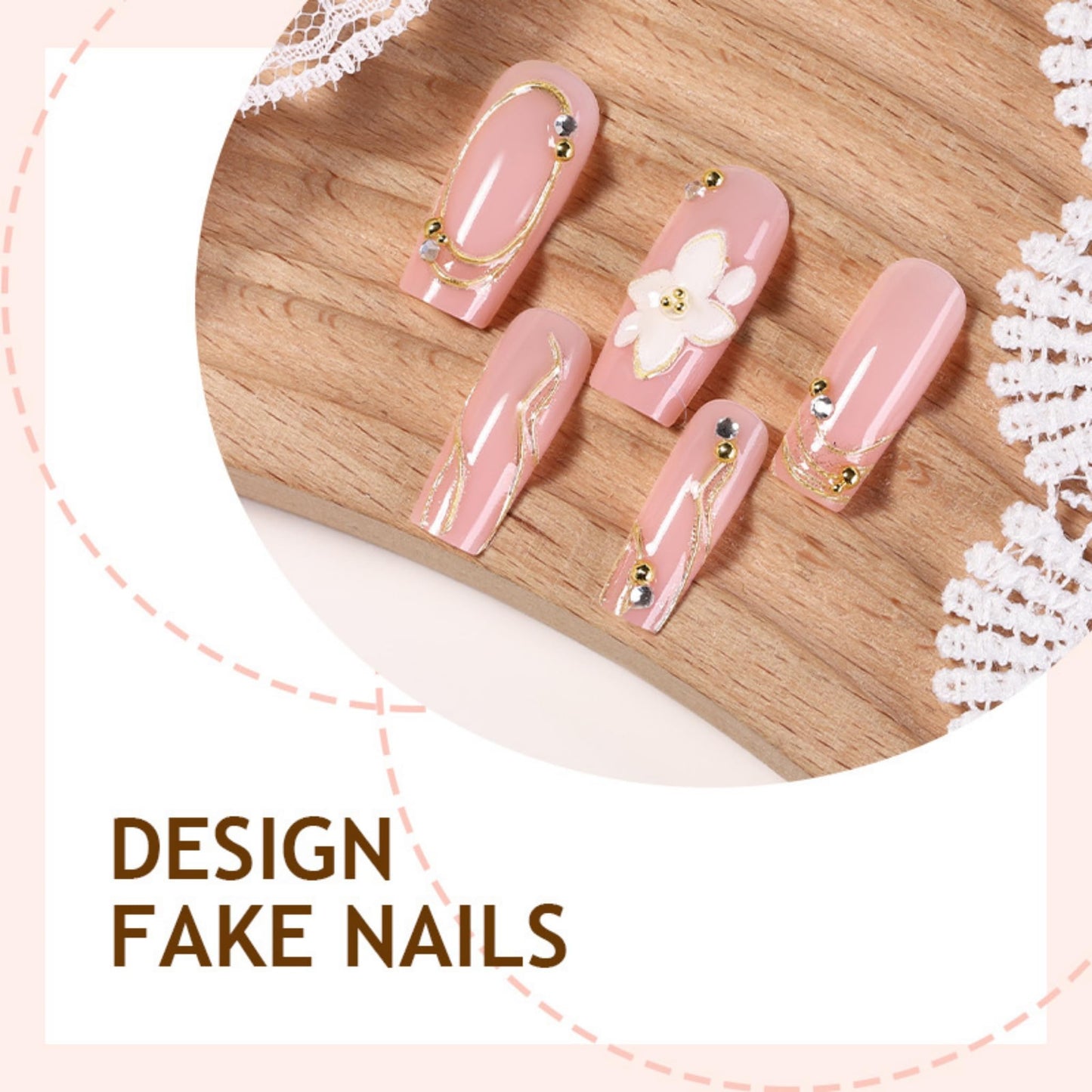Square Press on Nails Medium Fake Nails Rhinestones Acrylic Nail Press ons SEENEEY Gold Charm and 3D Flowers Designs Stick on Nail for Women 24pcs