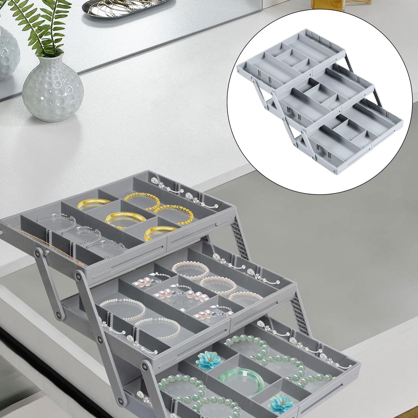 2/3 Tier Drawer Organizer, Collapsible Multi Level Drawer Organizer Tray, Expandable Bathroom Desk Drawer Organizer Trays, Adjustable Compartments Storage Trays for Jewelry (Single Row 3 Tiers)