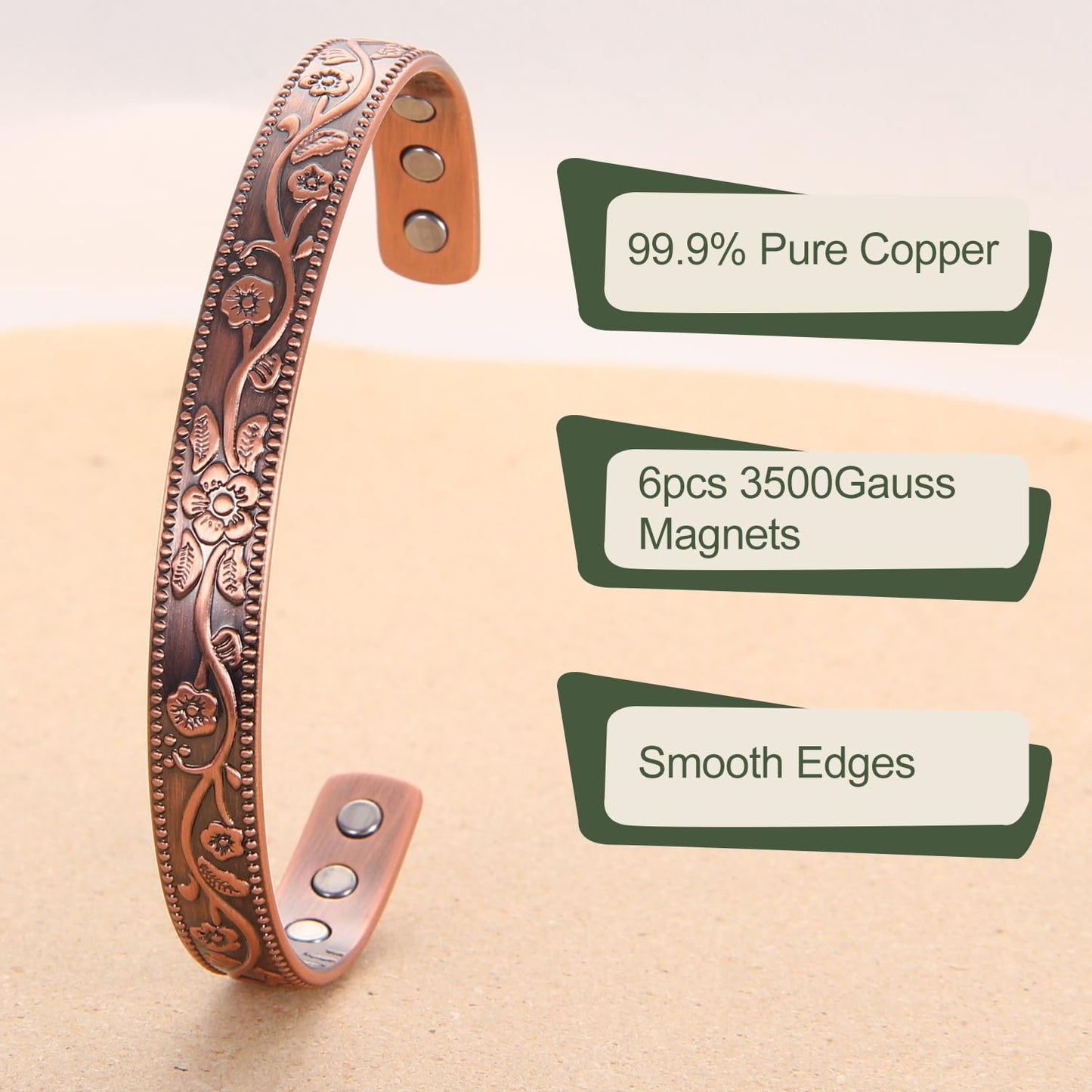 MagEnergy Copper Bracelets for Women, 99.9% Pure Copper Vintage Flower Magnetic Bangle with 3500 Gauss Magnets,6.3" Adjustable Cuff Jewelry Box