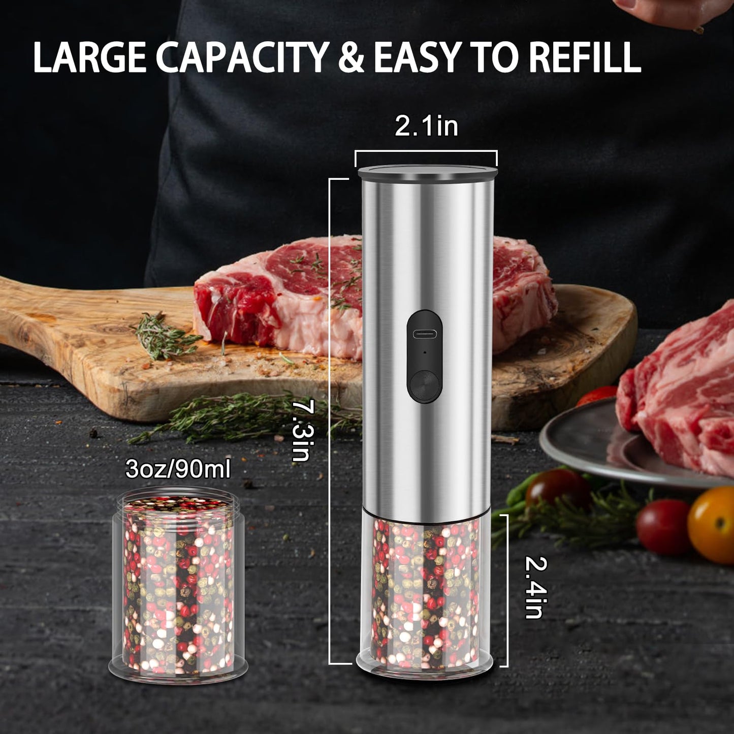 Enutogo Electric Salt and Pepper Grinder Set, Rechargeable Salt and Pepper Shakers Refillable, Automatic Pepper Mill with Adjustable Coarseness, One Hand Operation with LED light, Stainless Steel