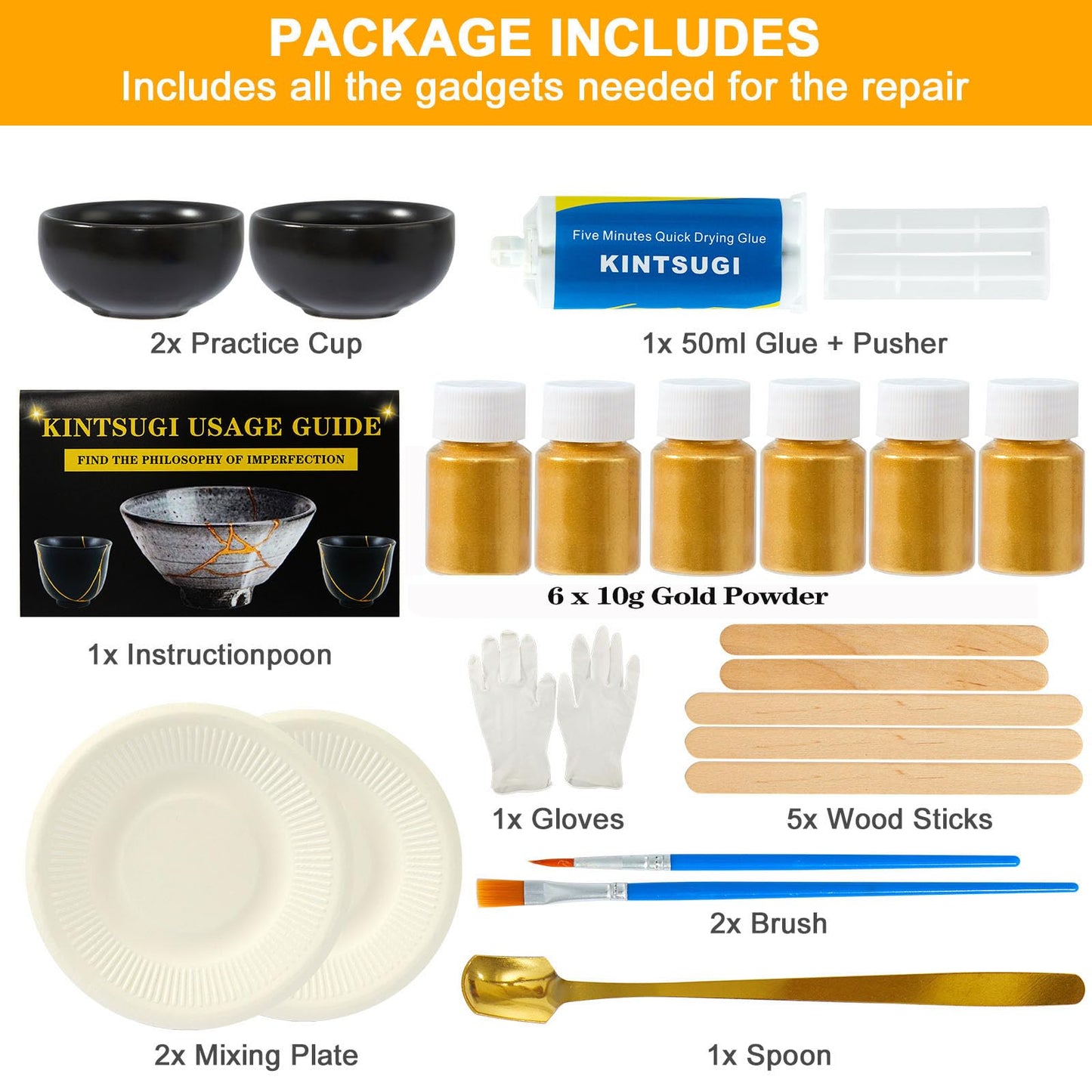 deuvuo Kintsugi Repair Kit Gold, 21 Pcs Authentic Kintsugi Repair Kit to Revive Your Broken Ceramic, Pottery, Mug, Bowl, Glass Keepsakes with Ease - Japanese Art DIY Set Bio for Beginners