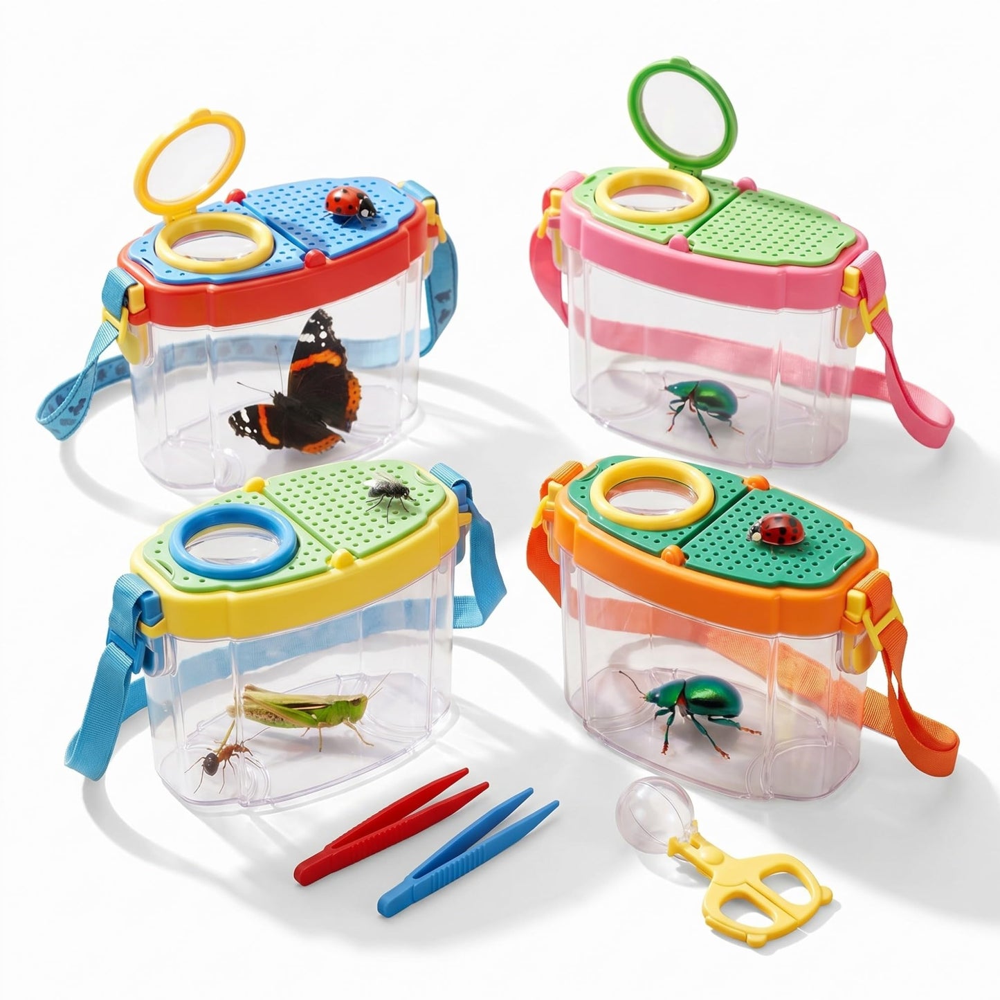 Halloscume 4 Set Bug Catcher for Kids Bug Viewer and Insects Tweezer for Students, Critter Catching Kit Magnifying Insect Cage Container Kit for Kids Outdoor Science Nature Exploration