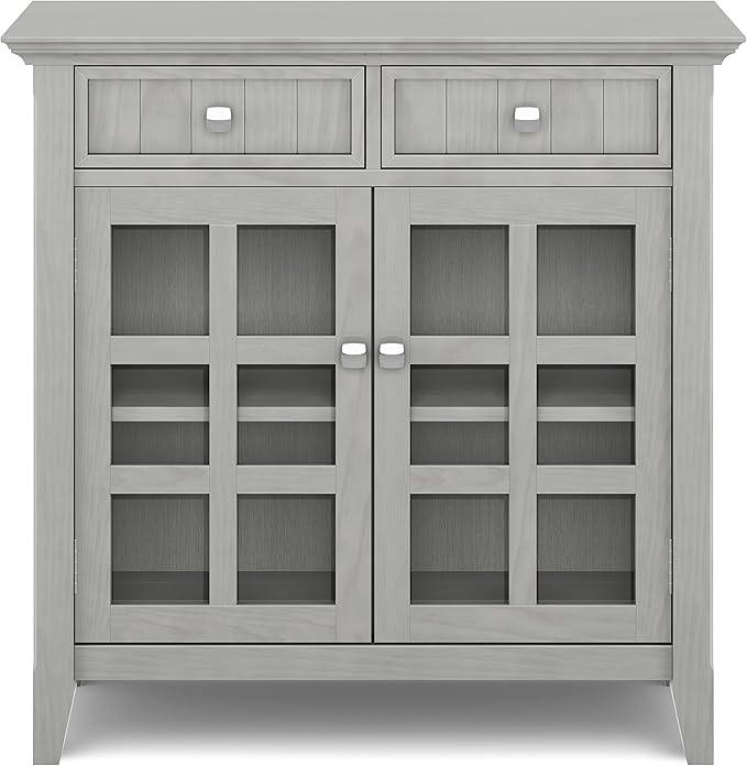 SIMPLIHOME Acadian SOLID WOOD 36 Inch Wide Rustic Entryway Hallway Storage Cabinet in Fog Grey, For the Living Room, Entryway and Family Room