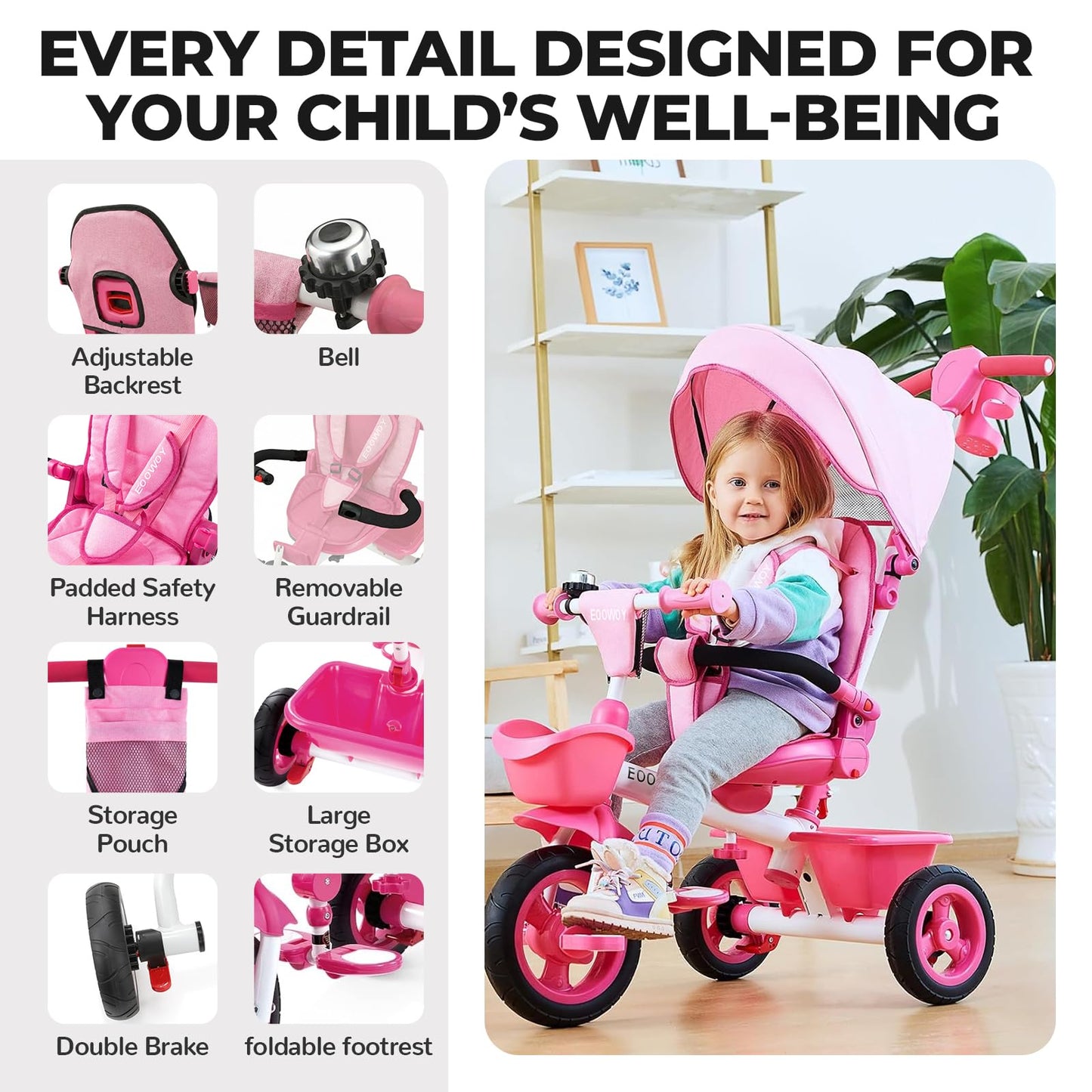 EOOWOY Toddler Tricycle with Push Handle, 7 in 1 Stroller Trike with 360° Swivel Seat, Reclining Backrest, All-Terrain Wheels, Dual Brakes, Canopy & Storage, Gift for Kids 18 Months to 5 Years, Pink