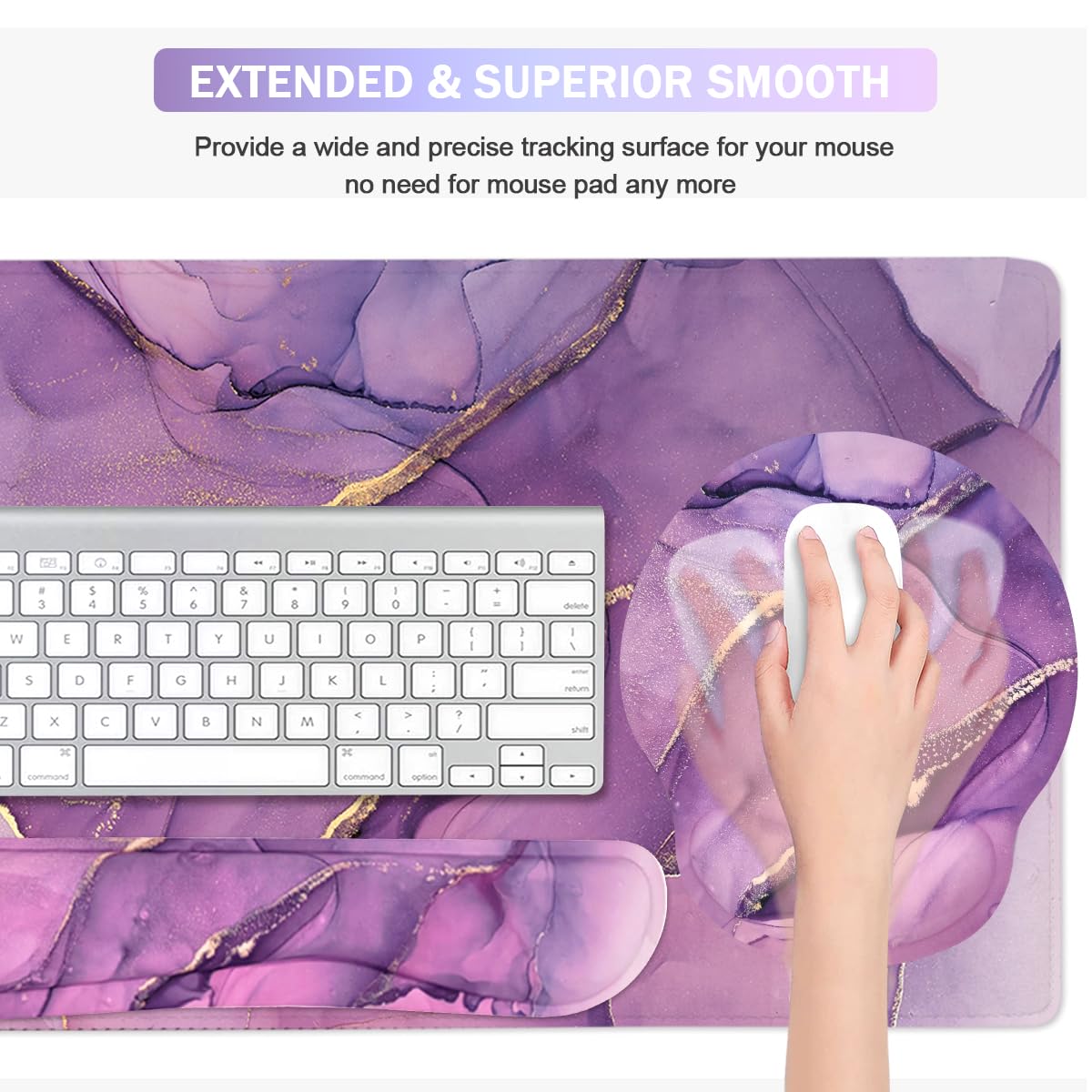 4-in-1 Gaming Mouse Pad Wrist Support Set，Desk Pad + Mouse Pad with Wrist Rest + Keyboard Wrist Rest + Coaster, Ergonomic Design for Home Office Study Game - Purple