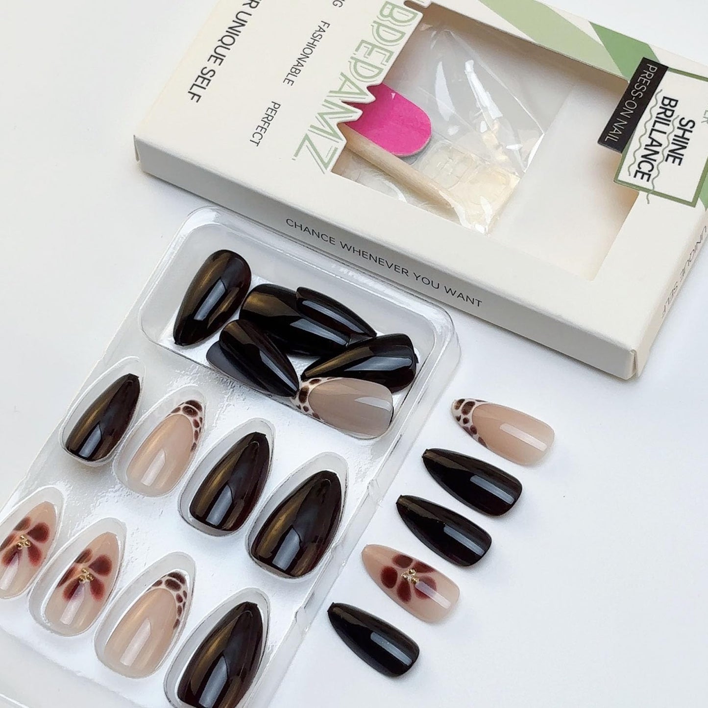 LBPEPAMZ 24Pcs Brown Flower Press on Nails Medium Almond Fake Nails with 3D Gold Beads Design Crocodile Pattern French Tip Acrylic False Nails Winter Autumn Pink Full Cover Stick on Nails for Women