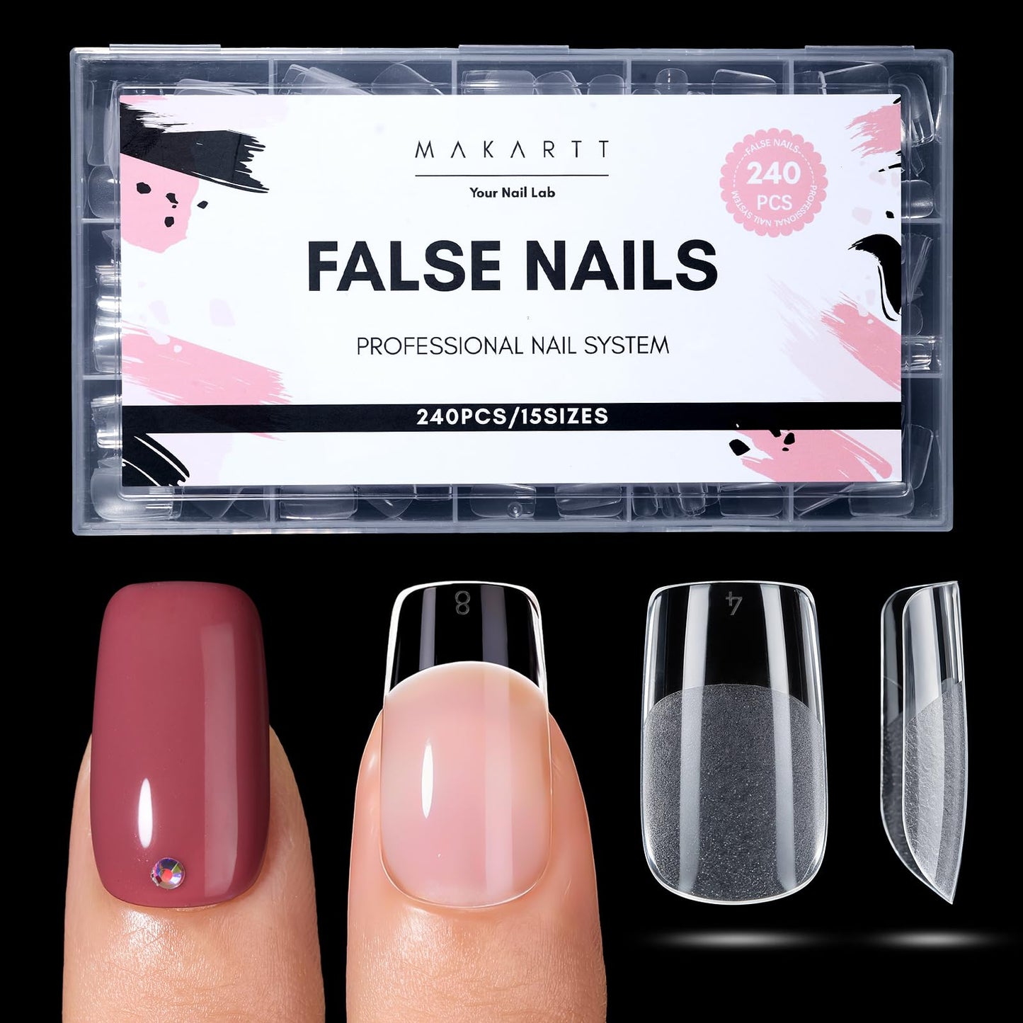 Makartt Short Square Nail Tips: 240PCS, 15 Sizes, Pre Shaped Clear Acrylic Fake Nails- Full Cover Half Matte Soft Press On Nail Extensions Long-lasting Supplies Salon and DIY at Home