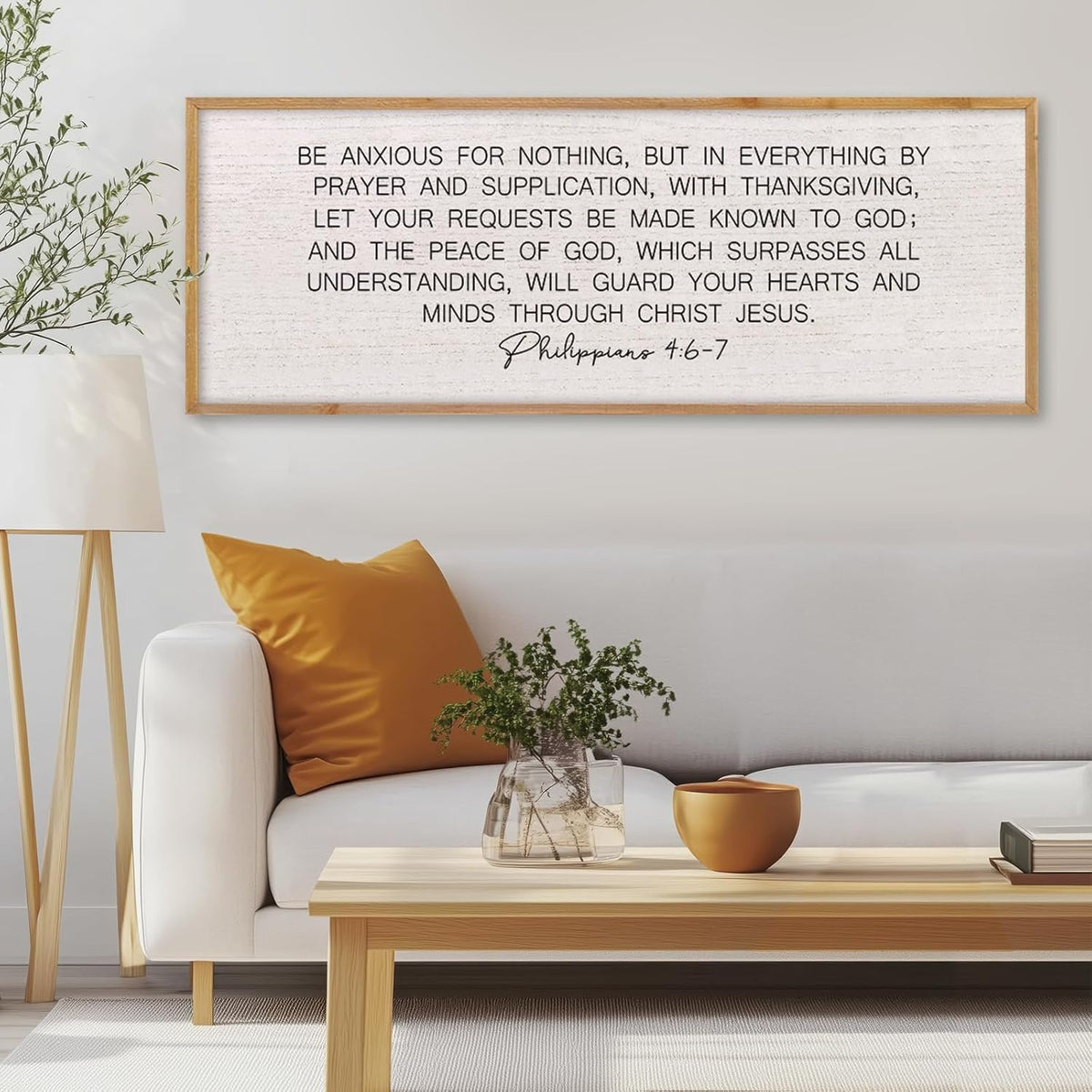 LuZhiQiang Be Anxious for Nothing Wall Decor 32"×12" Philippians 4:6-7 Bible Verse Sign Large Christian Scripture Wood Framed Hanging Decor (Wood)