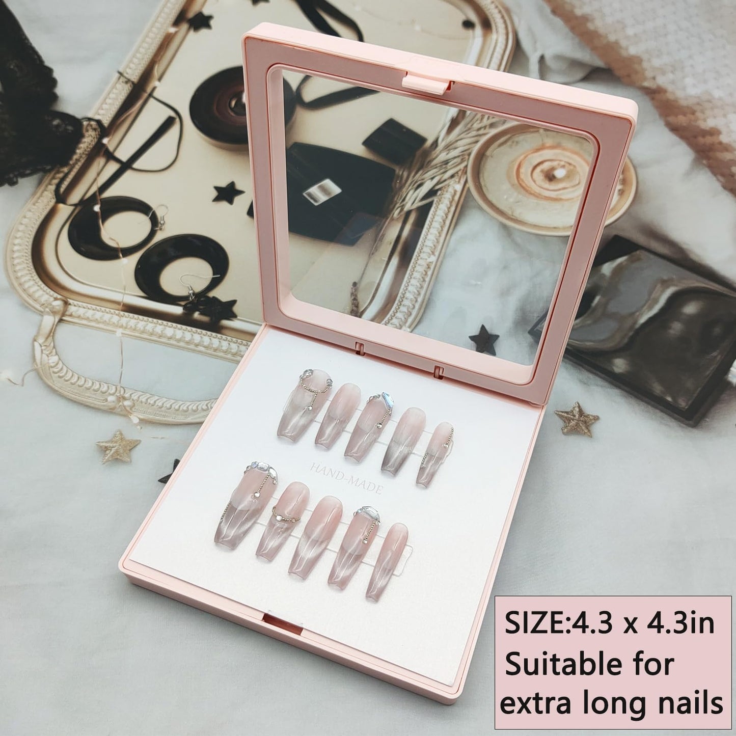 GUXACU Press On Nail Packaging Boxes 3D Floating Press On Nail Storage Box Nail Display Box with 60pcs Double Sided Adhesive Nail Display Tape for Nail Tech (Pink, 4.3 inch)