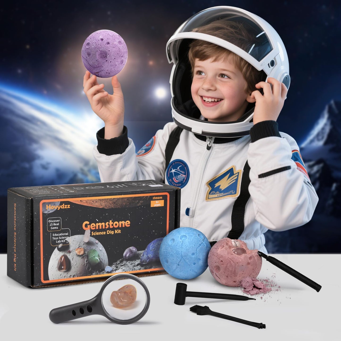 Hovydzz Gemstones Dig Kit, Science Kit for Kids, Dig up 15 Real Gems & Explore Solar System, STEM Educational Mining Space Toys, Archaeology Geology Science Experiments Gift for Boys&Girls Age 6-8-12