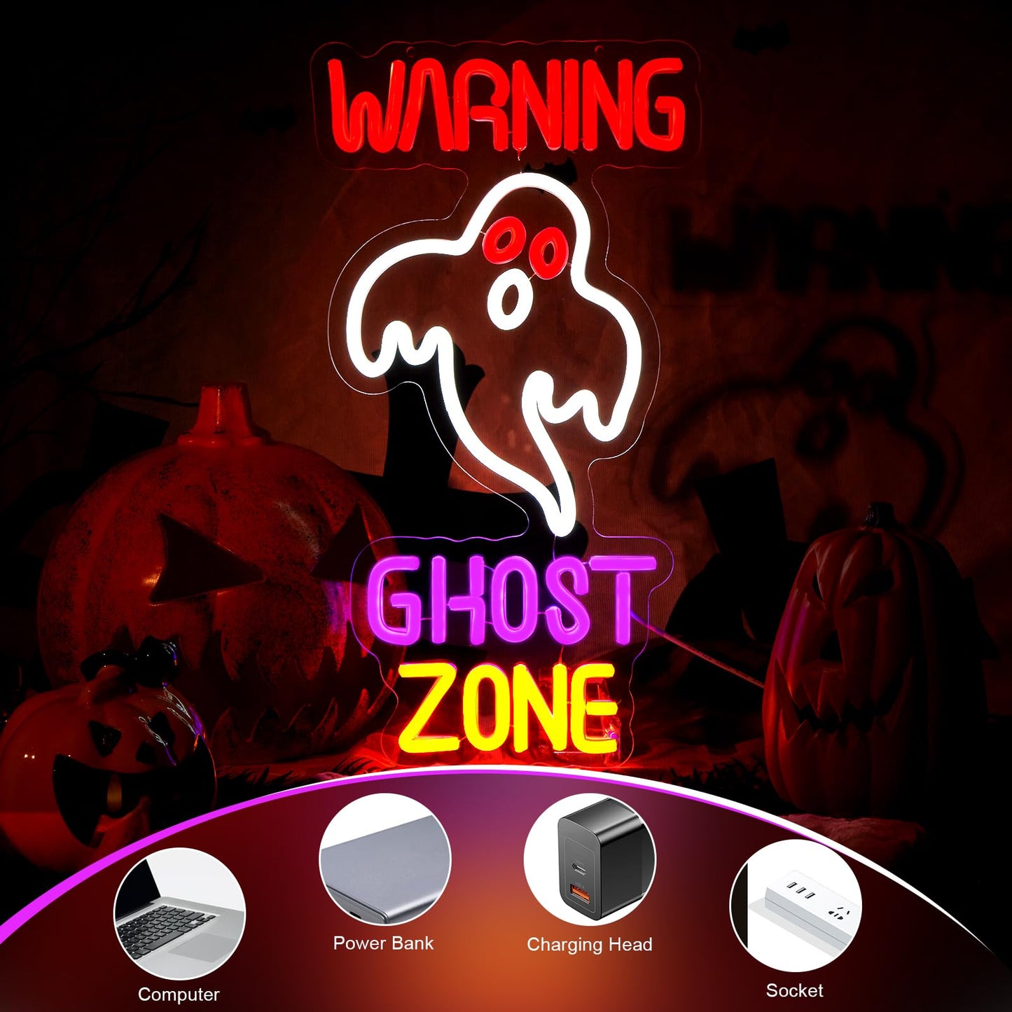 FITNATE Ghost Zone Neon Sign, Dimmable Spooky Haunted Mansion Decor LED Neon Signs, Ghost Neon Light Up Sign for Haunted House Man Cave Bar Party Christmas Decor