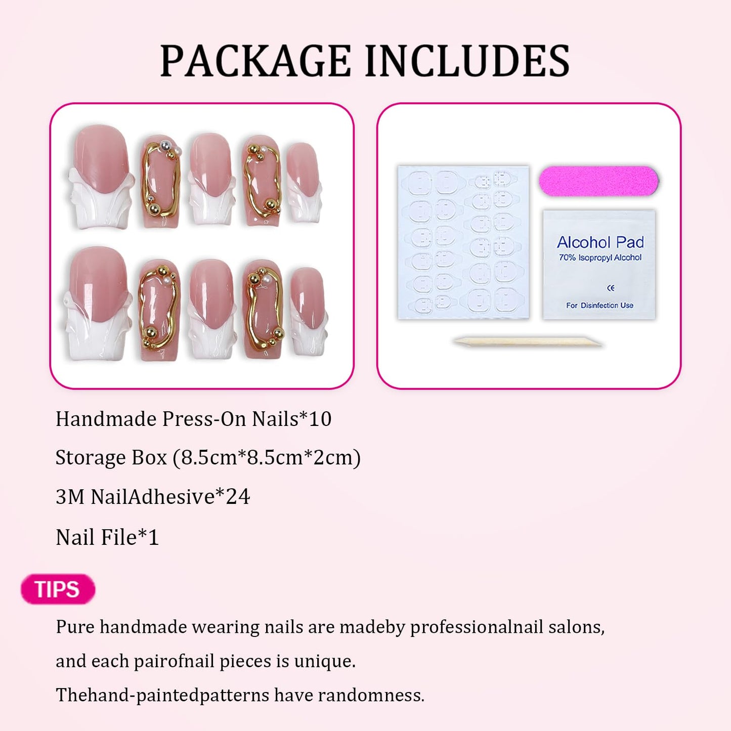 Handmade Press on Nails Square Shape Luxury Medium Hand Made Nails with 3D Pearl & Golden Embossed Design Full Cover White French Tip False Nail for Women (M)