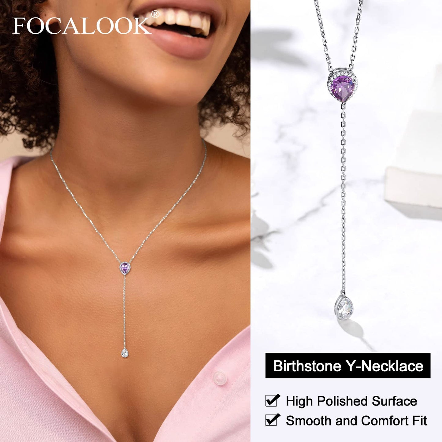 FOCALOOK 925 Sterling Silver CZ Teardrop Lariat Necklace 16"-18" Y Drop Adjustable Birthstone Necklaces for Women