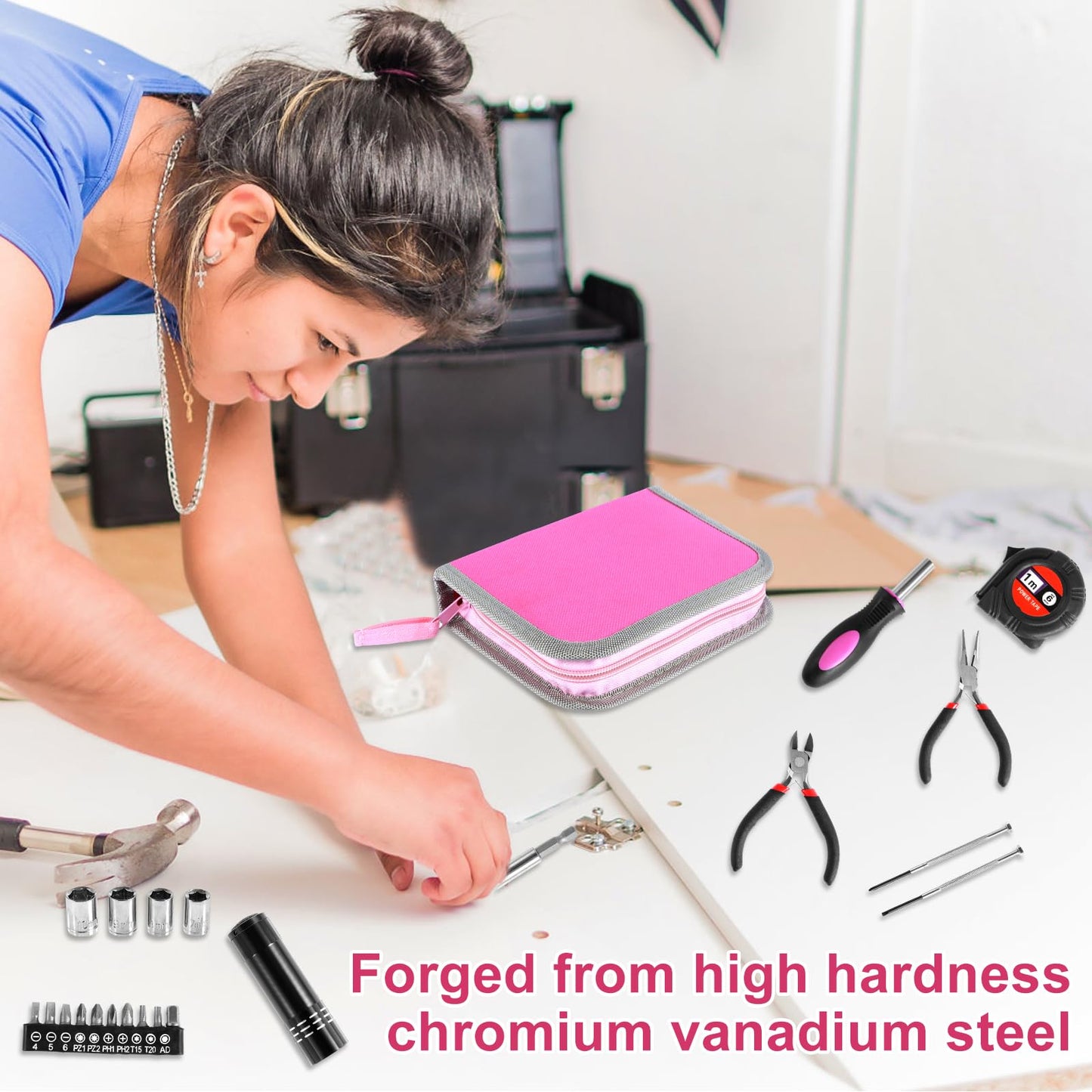 23Pcs Pink Tool Set for Women, Home Repairing Tools Kit Women, Multifunctional Pink Home Hand Tool Set with Storage Bag, Portable Women Repair Tool Combination Set